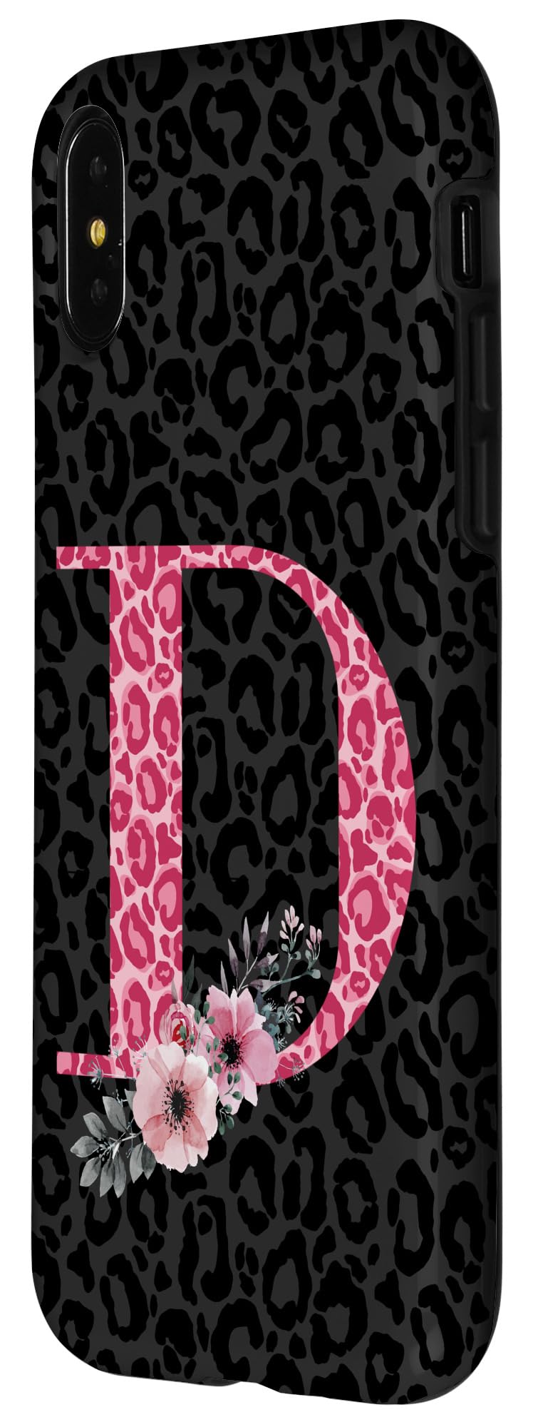 iPhone X/XS Letter D Floral Pink & Black Leopard Print Phone Case - Stylish Protective Cover for Everyday Use, Travel & Fashion Accessory