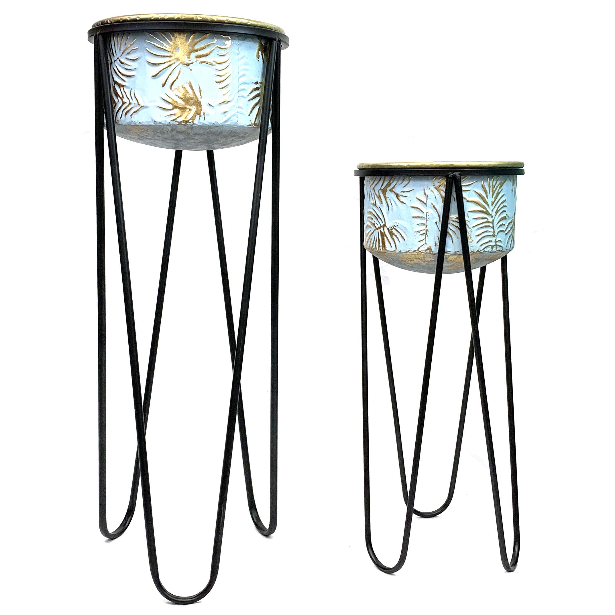 Allgala Deluxe 2-Set Galvanized Planter Pots for Indoor & Outdoor Plants - Blue Leaf Design with Stand (HD88353) - Perfect for Home, Garden, Patio, and Office Decor