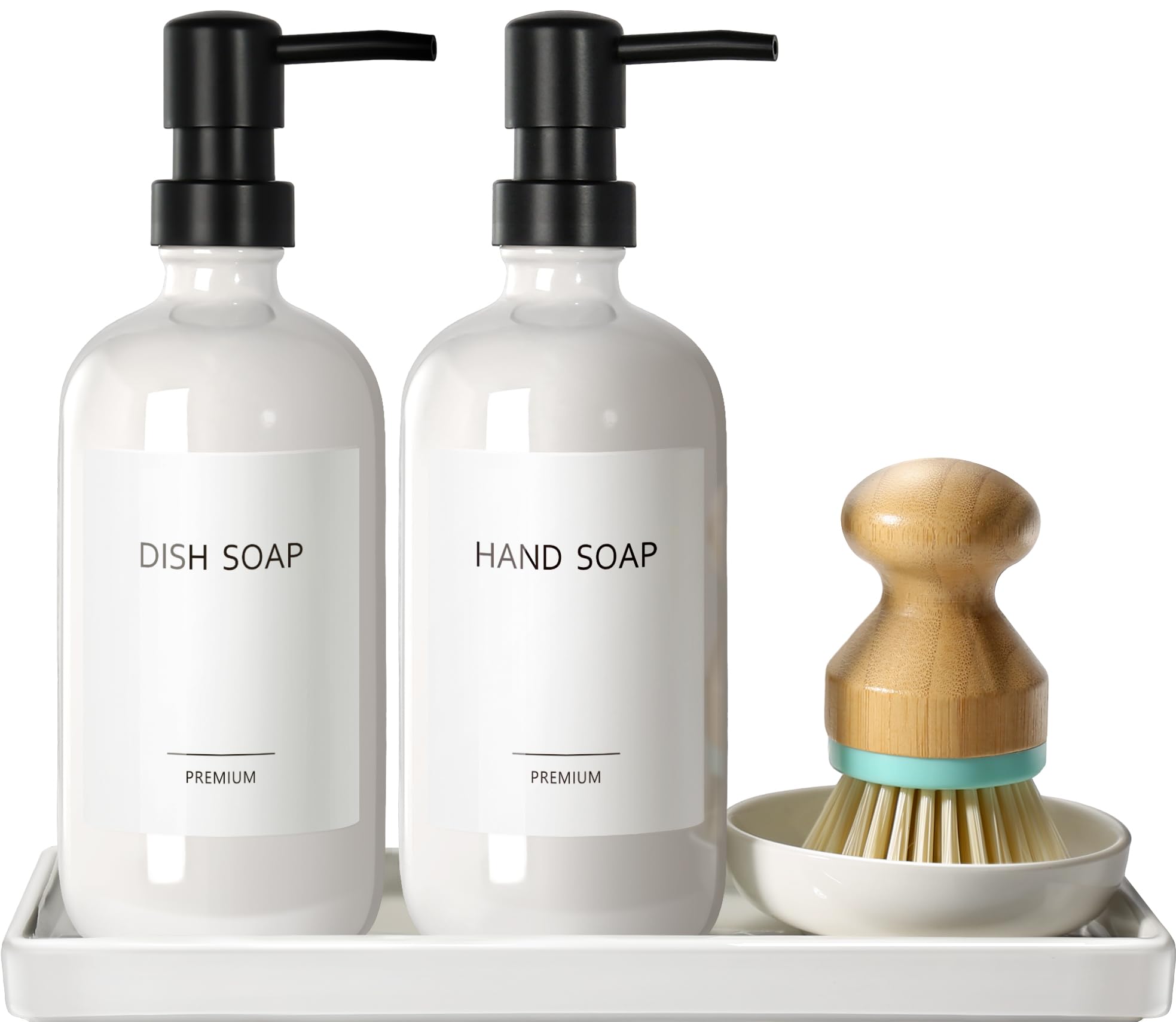 GMISUN 2-Pack 17 fl oz Glass Soap Dispenser Set with Ceramic Tray & Bamboo Dish Brush - Refillable Hand and Dish Soap Bottle for Kitchen Sink, Modern Farmhouse Style - Perfect for Dishwashing, Countertop Organization, and Farmhouse Decor