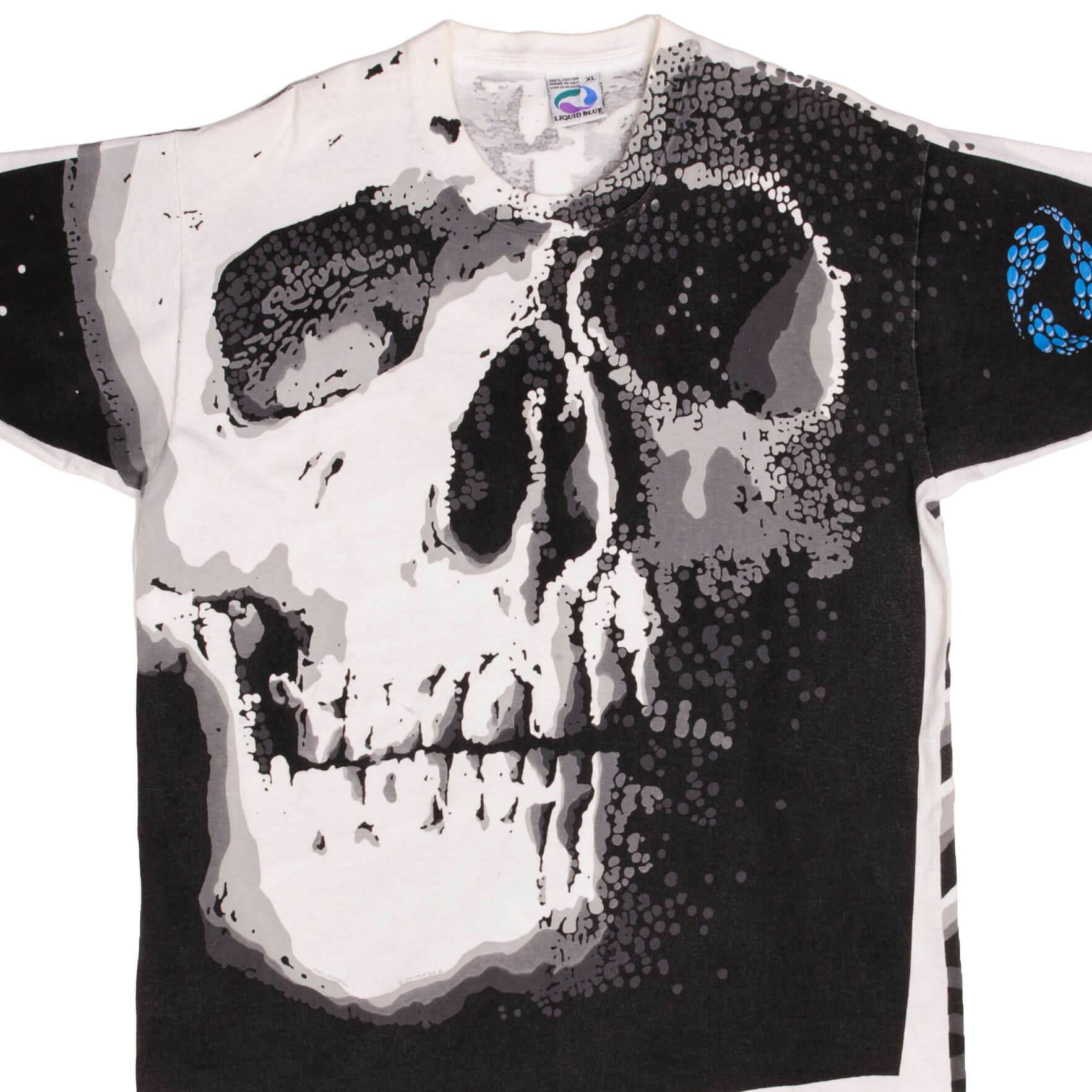 Vintage Liquid Blue All Over Print Skull Pinkerton T-Shirt 1992 XL Made in USA | Retro Graphic Tee for Men & Women | Casual Wear, Concerts, Vintage Style Outfits