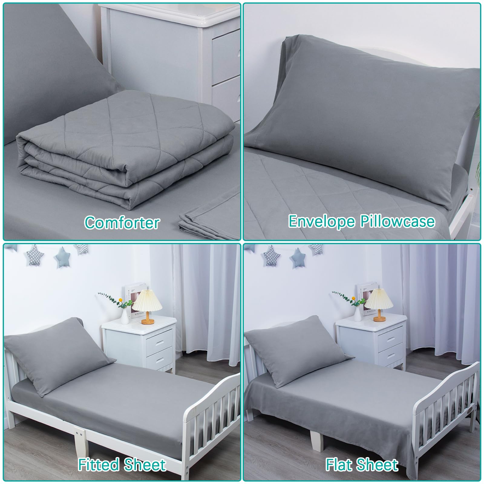 Biloban 4-Piece Ultra Soft Toddler Bedding Set - Breathable Crib Sheet Set with Quilted Comforter, Fitted Sheet, Flat Sheet & Envelope Pillowcase (Grey) - Perfect for Nursery, Daycare & Cozy Toddler Sleep