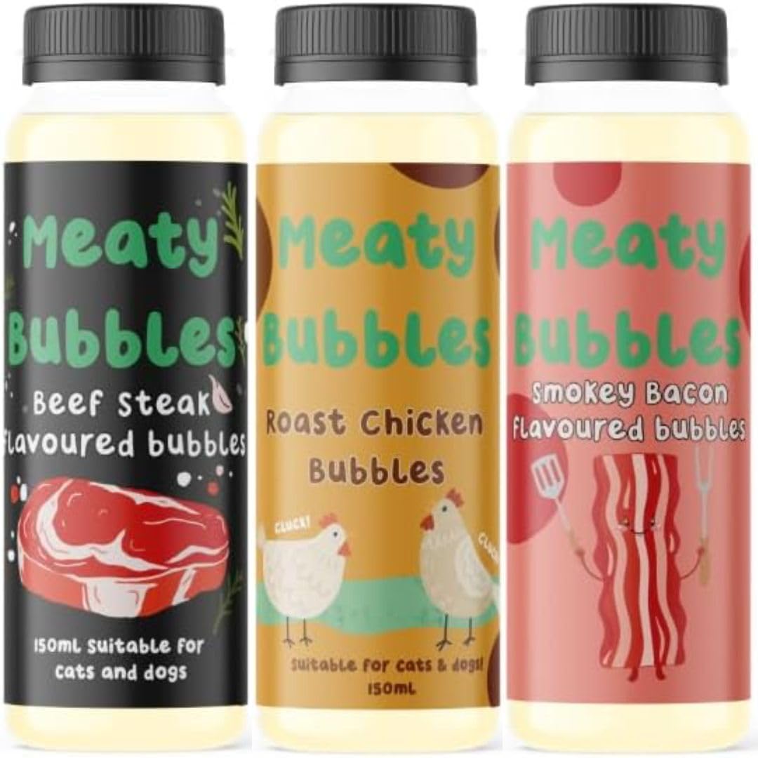 Non-Toxic Vegan Dog Bubbles 3-Pack - Bacon, Peanut Butter & Chicken Flavored Interactive Pet Toys for Dogs - Fun Blowing Bubbles Game for Outdoor Play, Training & Birthday Gifts
