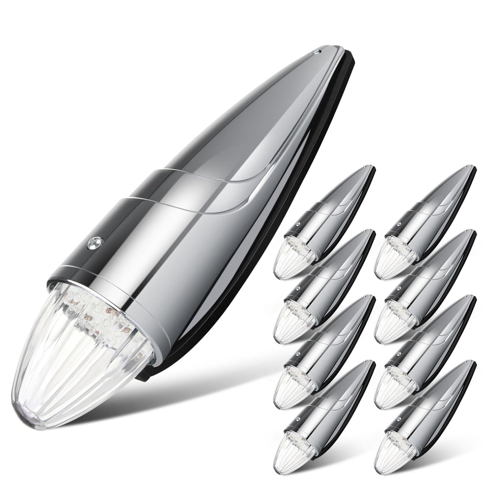 17 LED Torpedo Cab Lights Chrome Clear - Heavy Duty Truck Roof Running Lights for Kenworth Peterbilt Freightliner Mack International Paccar - Waterproof Top Cab Marker Lights (9 Pack) - Perfect for Long Haul Trucking & Night Driving Safety