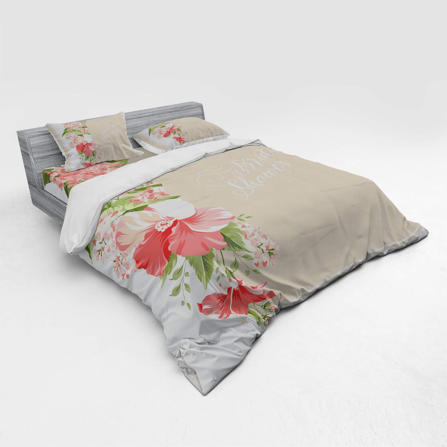 Ambesonne Floral Bridal Shower Bedding Set - King Size 4-Piece Duvet Cover with Shams & Fitted Sheet, Lilac Orchid Leaf Design in Salmon Green & Beige - Perfect for Wedding Guest Rooms & Honeymoon Suites