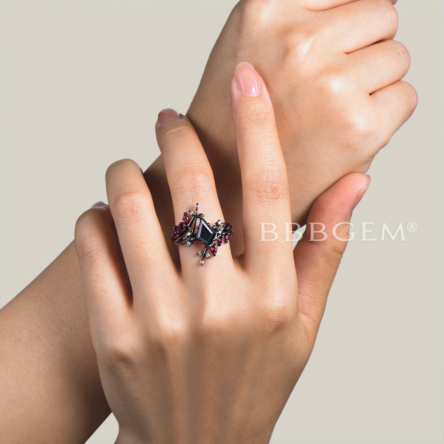 Natural Black Onyx and Ruby Engagement Ring Set with Twig Leaf Design in Black Gold - Perfect for Weddings, Anniversaries, and Romantic Gifts