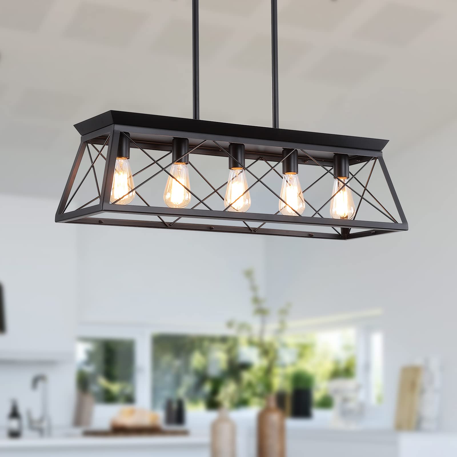 Farmhouse Chandelier 5-Light Linear Pendant Lighting - Rustic Black Metal Rectangular Ceiling Light Fixture for Dining Room & Kitchen Island | Perfect for Farmhouse, Industrial & Modern Home Decor