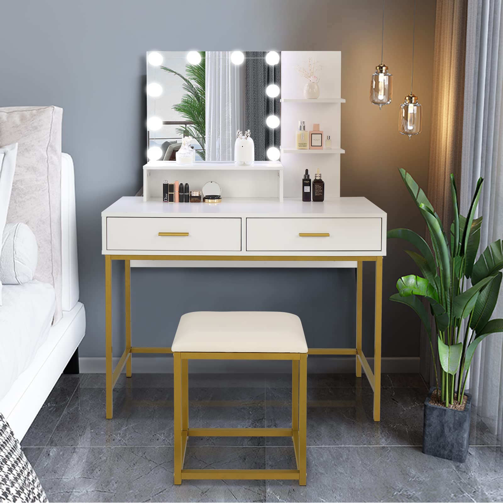 10-LED Large Vanity Set with Cushioned Stool - Makeup Dressing Table with 3 Storage Shelves & 2 Drawers - White Bedroom Dresser Desk for Women & Girls - Perfect for Makeup Application, Jewelry Organization & Bedroom Decor