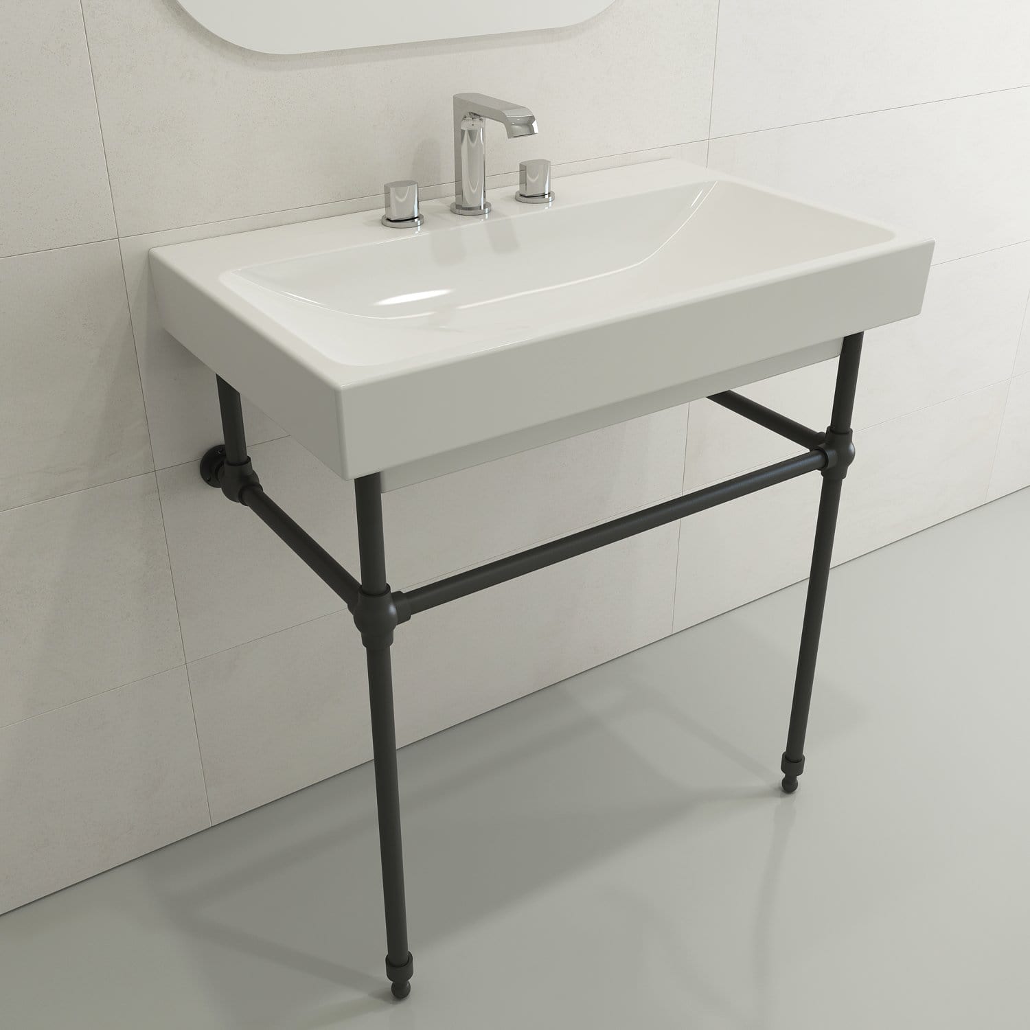 BOCCHI SCALA ARCH 32 Inch Wall Mounted Sink - Fireclay Ceramic Bathroom Vessel with 3 Hole Faucet - Perfect for Modern Farmhouse, Apartment & Small Space Bathroom Design