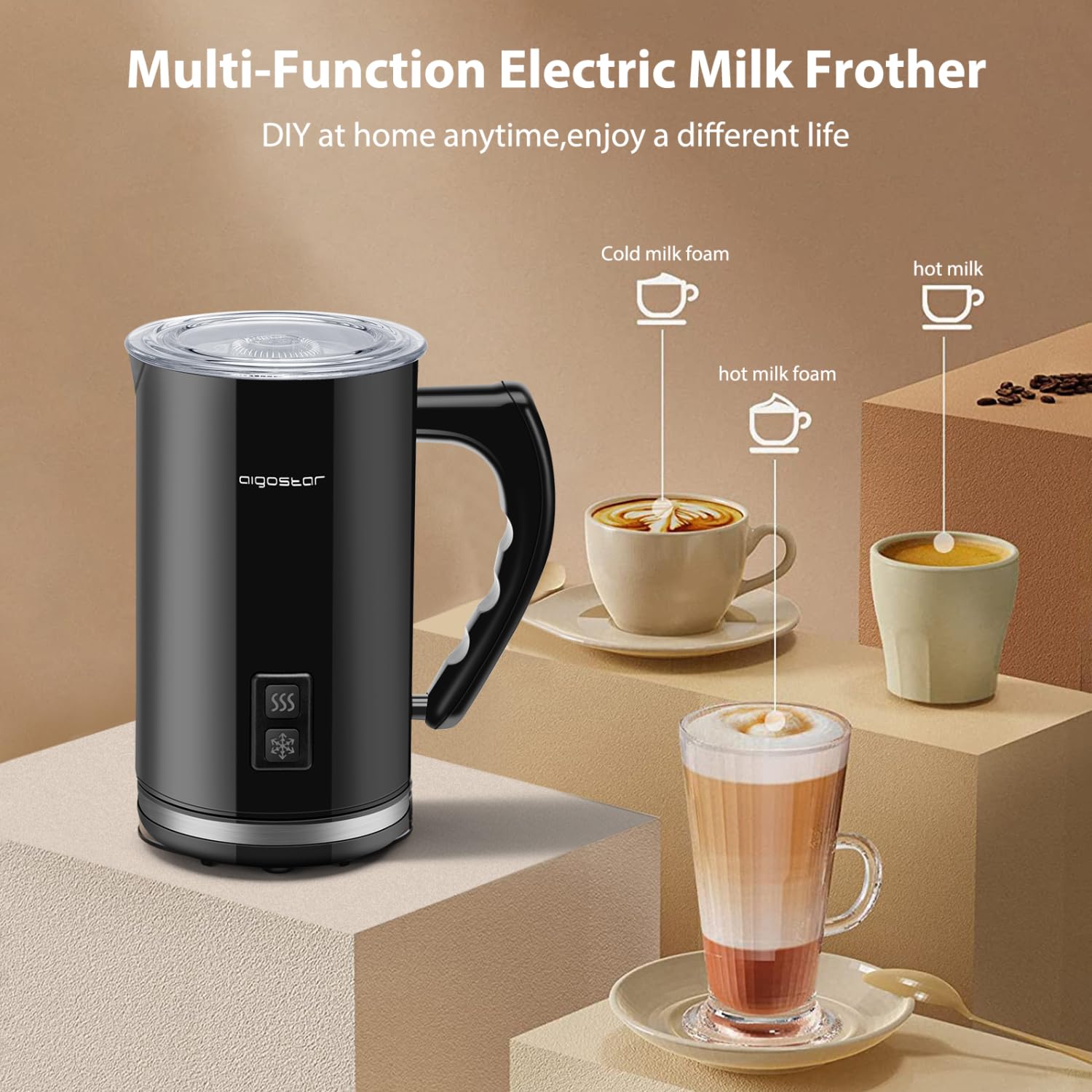 Aigostar 4-in-1 Electric Milk Frother & Steamer - Automatic Hot/Cold Milk Foam Maker for Coffee, Latte, Cappuccino & Hot Chocolate - Silent Operation, Black - Perfect for Home Baristas & Coffee Lovers