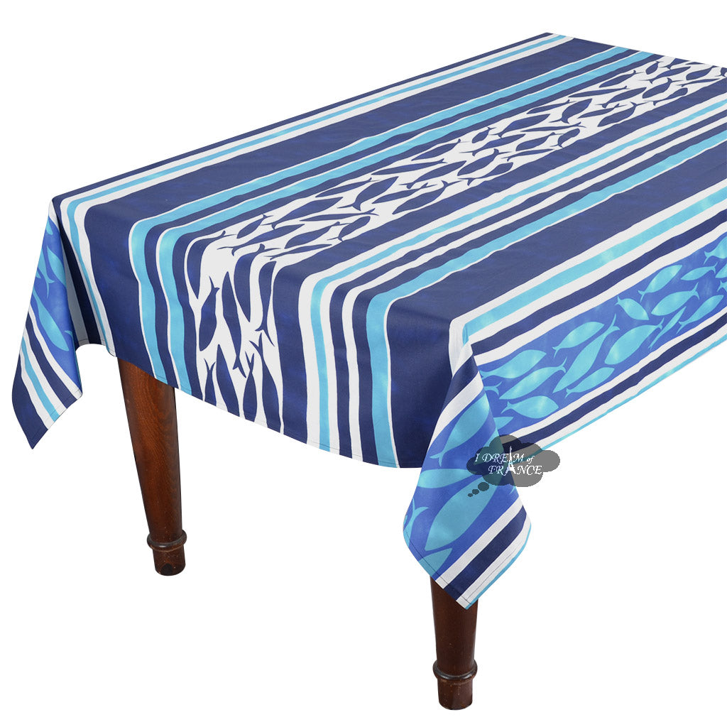 Le Cluny 60x96 Inch Rectangular Fish Print Acrylic Coated Cotton Tablecloth - Waterproof & Wrinkle-Resistant French Table Cover for Dining Room, Kitchen, and Outdoor Parties