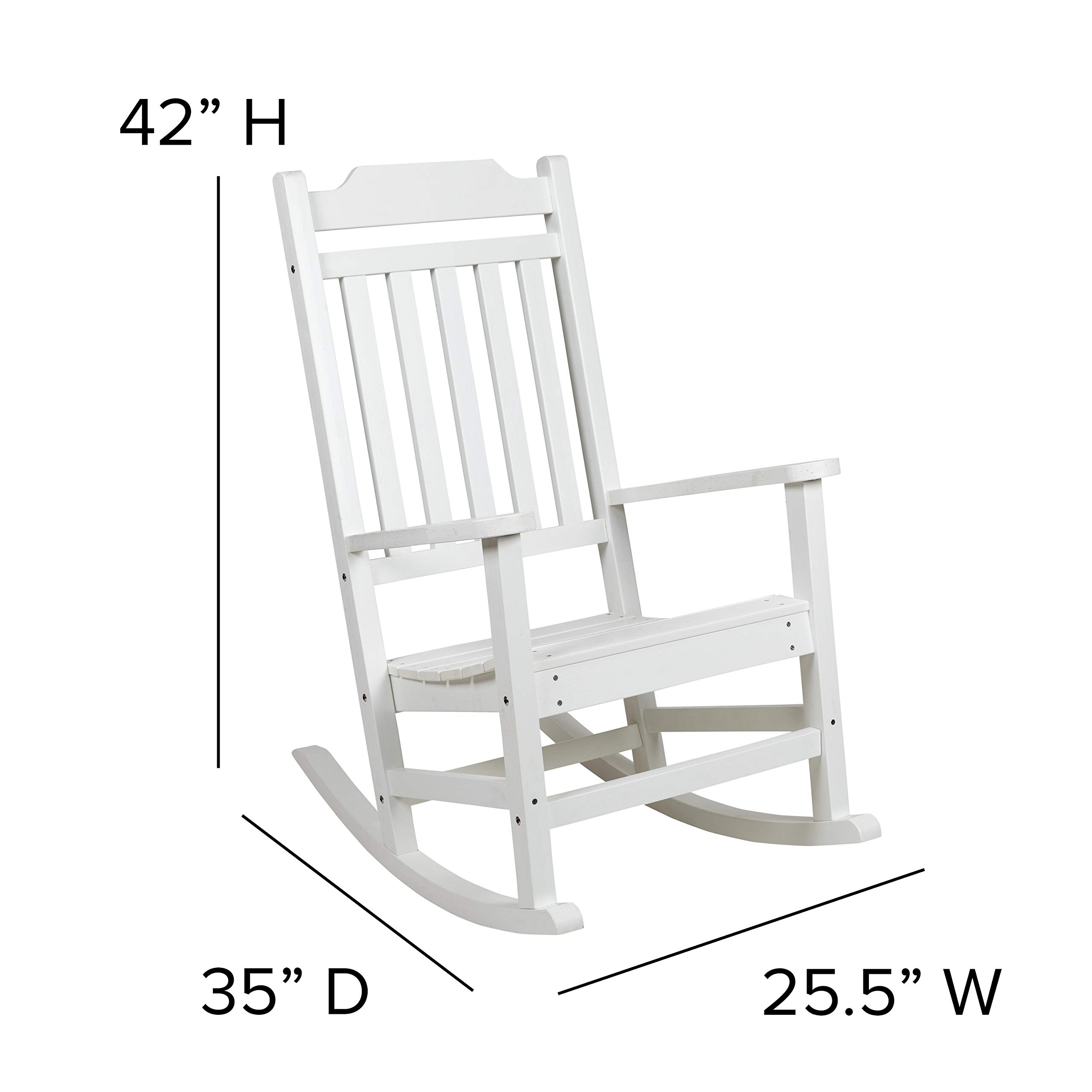 EMMA + OLIVER Set of 2 All-Weather White Poly Resin Rocking Chairs - Faux Wood Outdoor Patio Furniture for Garden, Porch & Backyard Relaxation