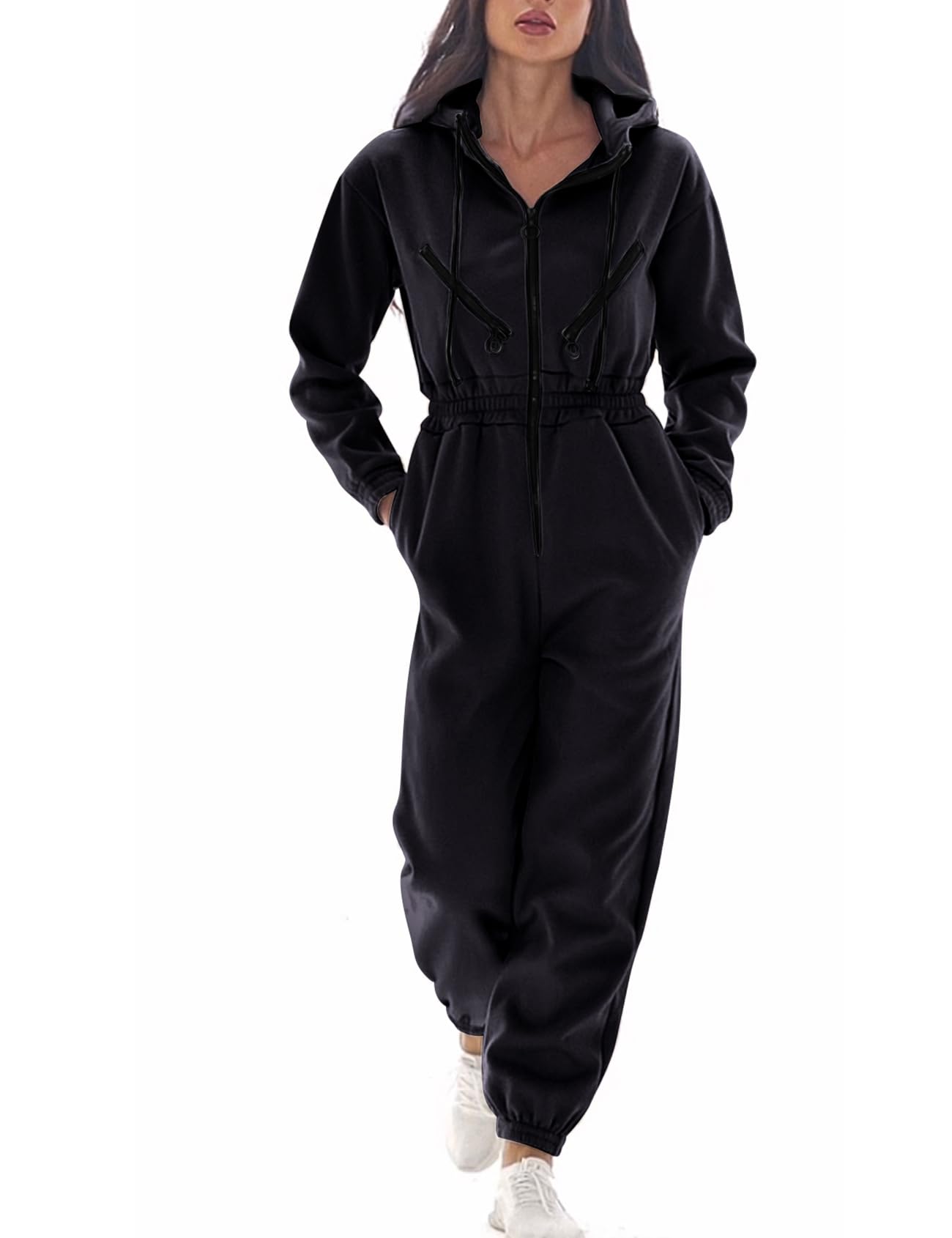 CozyPoin Women's Fleece Jumpsuit - One Piece Hooded Romper with Pockets, Warm Winter Tracksuit Onesie for Lounge, Sleepwear & Outdoor Activities