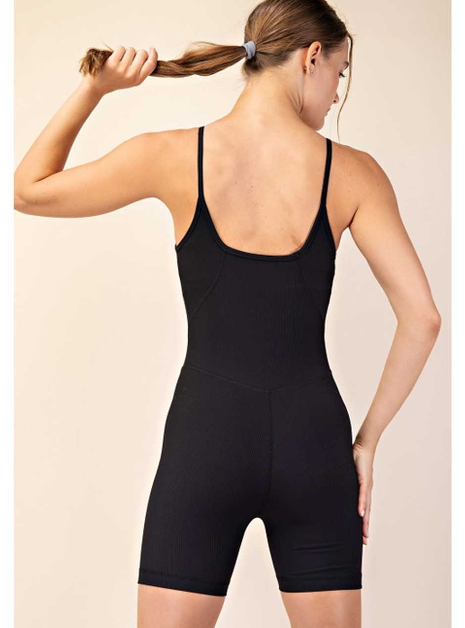 Rae Mode Women's Nylon Ribbed Spaghetti Strap Romper Jumpsuit - Black | Casual Summer Outfit, Beach Cover Up, Lounge Wear, Night Out Dress