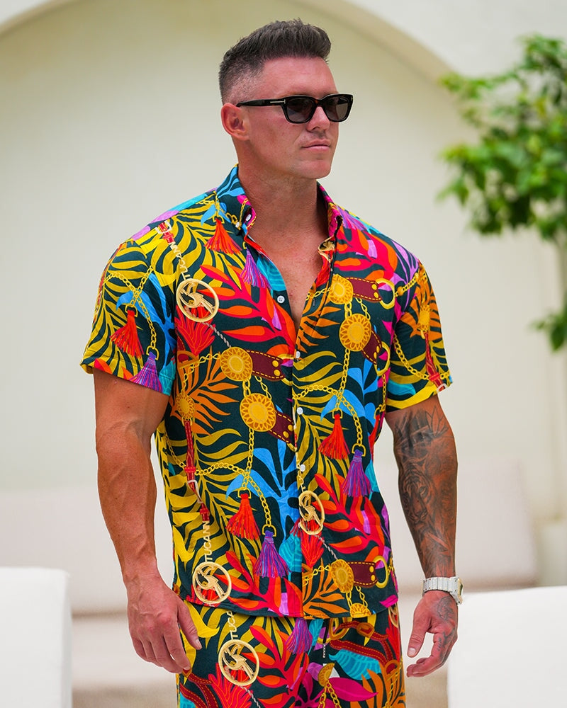 Premium Wild Jungle Print Shirt Set - Stylish & Comfortable Men's Casual Wear for Outdoor Adventures & Travel