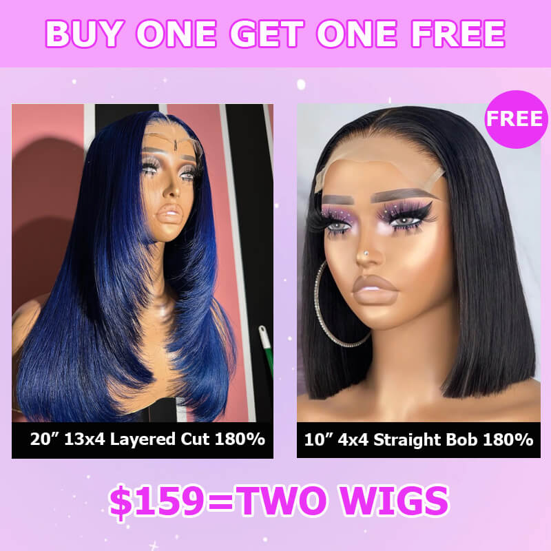 Buy 2 Human Hair Wigs for $159 | 13x4 Lace Frontal Wig with Dak Blue Layered Cut + Free 4x4 Straight Bob Wig | Perfect for Daily Wear, Cosplay & Special Occasions