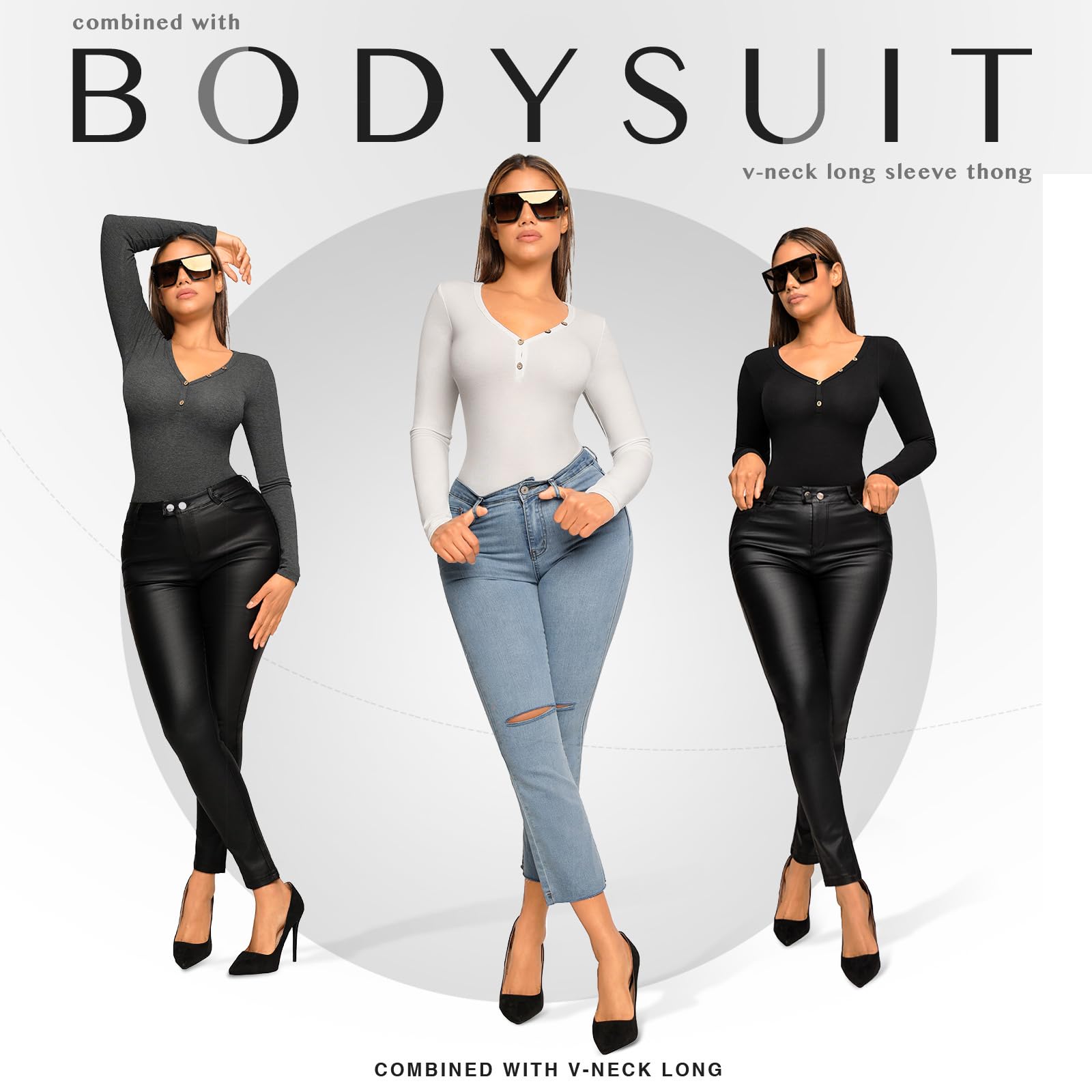 FeelinGirl Women's Deep V Neck Long Sleeve Bodysuit - Tummy Control Shapewear Thong Bodysuit for Slimming & Layering | Perfect for Work, Date Night & Everyday Wear