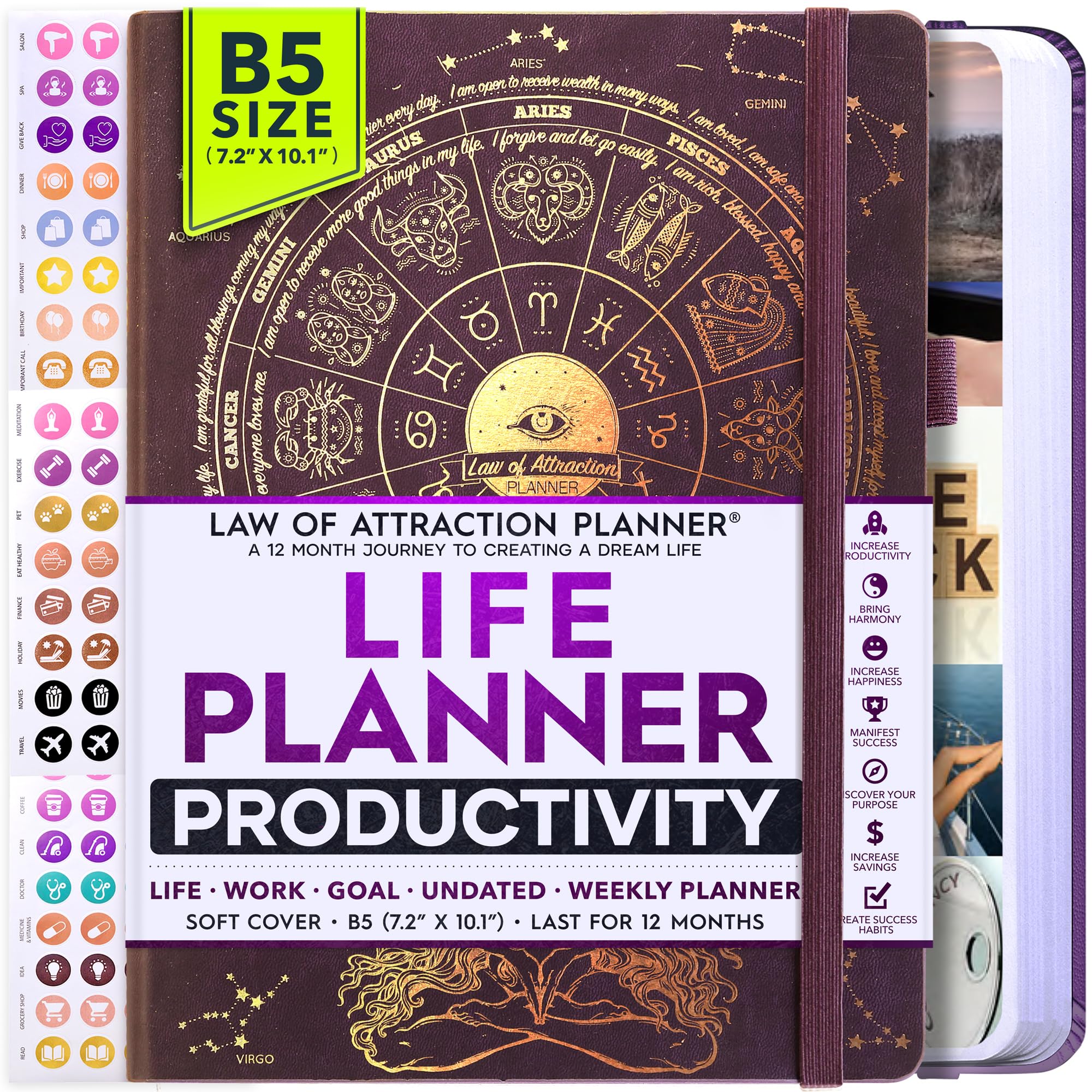 2025 Law of Attraction Planner - Undated Hourly, Weekly & Monthly Productivity Planner for Goal Setting | 12-Month Life Organizer with Gratitude Journal, Vision Board, Stickers & Gift Box | Perfect for Manifestation, Self-Improvement & Daily Planning