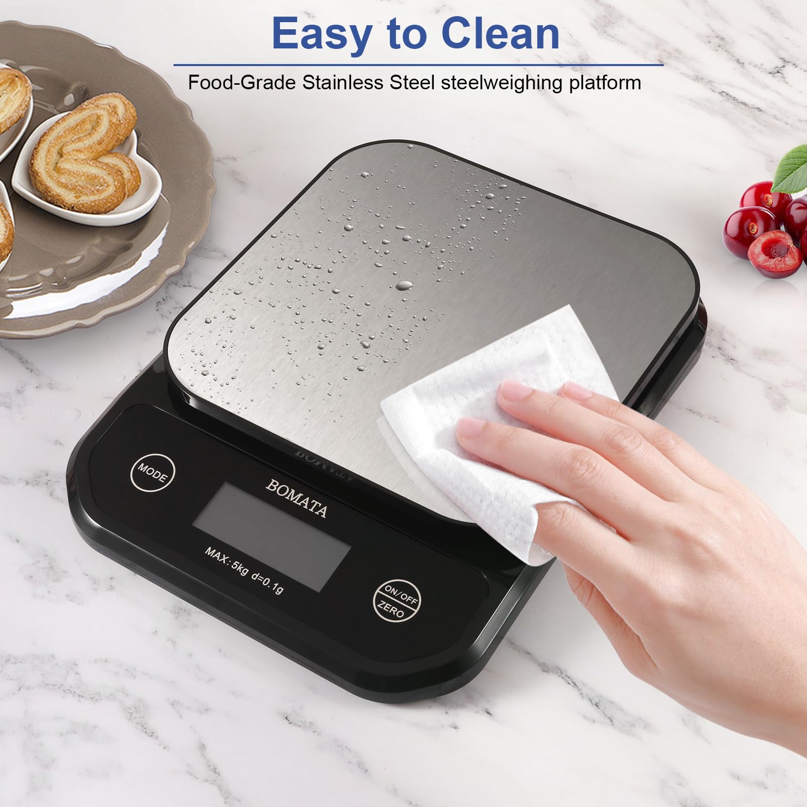 BOMATA Digital Kitchen Scale - 0.1g/0.01oz High Precision, 5kg/11lb Capacity, Waterproof & Washable, USB Rechargeable - Perfect for Food Measuring, Cooking, Baking, Weight Loss & Meal Prep