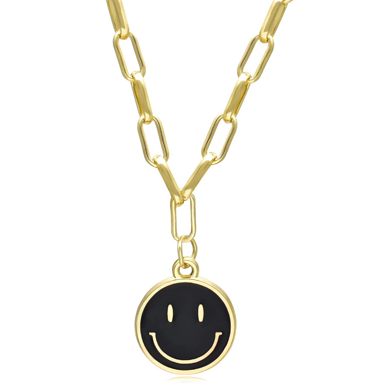 Gold Stainless Steel Smiley Face Pendant Necklace for Women & Girls - Trendy Paperclip Chain with Round Smiley Charm | Perfect for Everyday Wear, Gifts & Layering