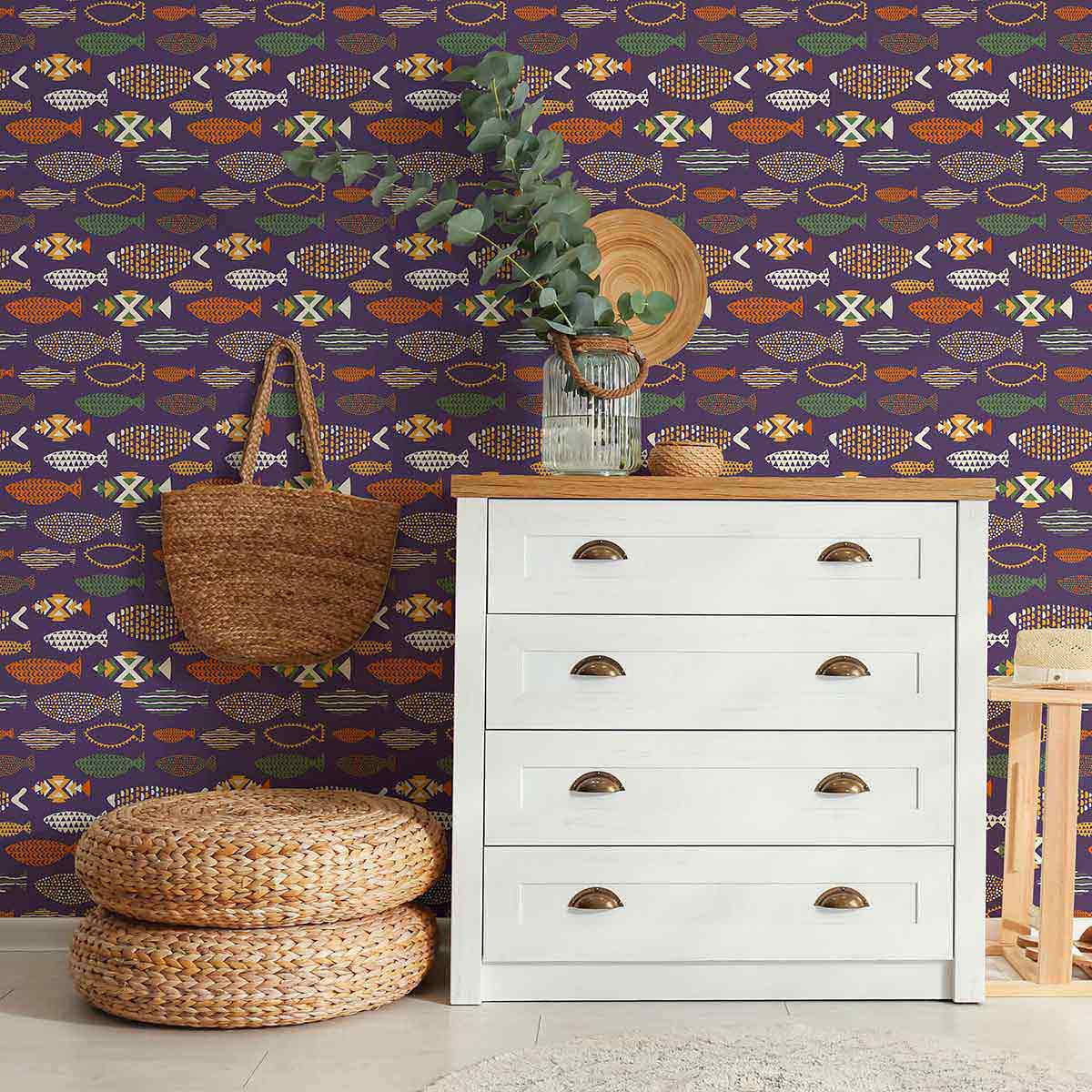Purple Fish Peel and Stick Removable Wallpaper 6882 - Self-Adhesive Decorative Wall Covering for Bedroom, Living Room, Nursery & Home Decor