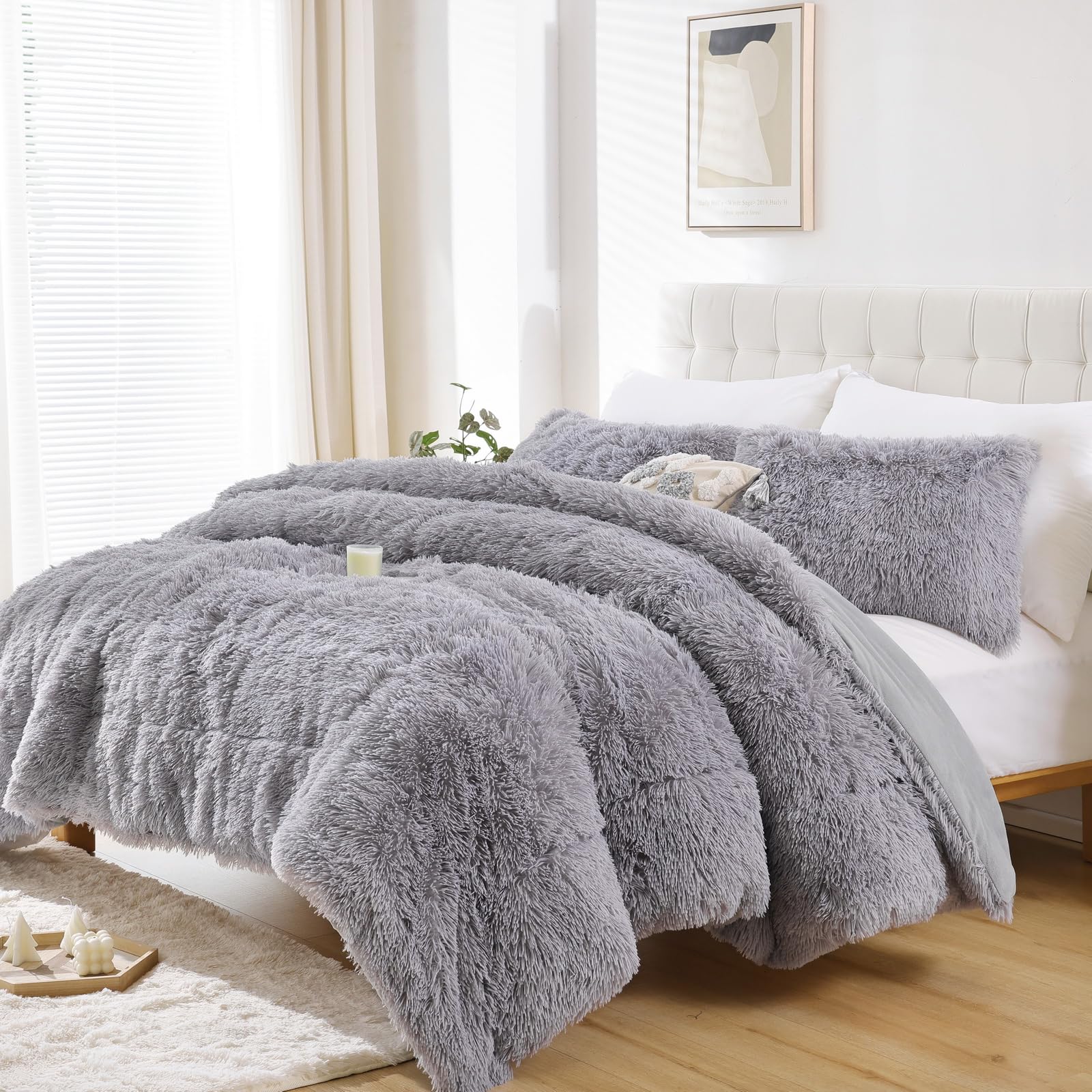 Luxury Faux Fur Queen Comforter Set - Soft Shaggy Fuzzy Bedding for All Seasons, 3 Piece Grey Comforter & Pillowcases - Cozy Winter Warmth & Stylish Bedroom Decor