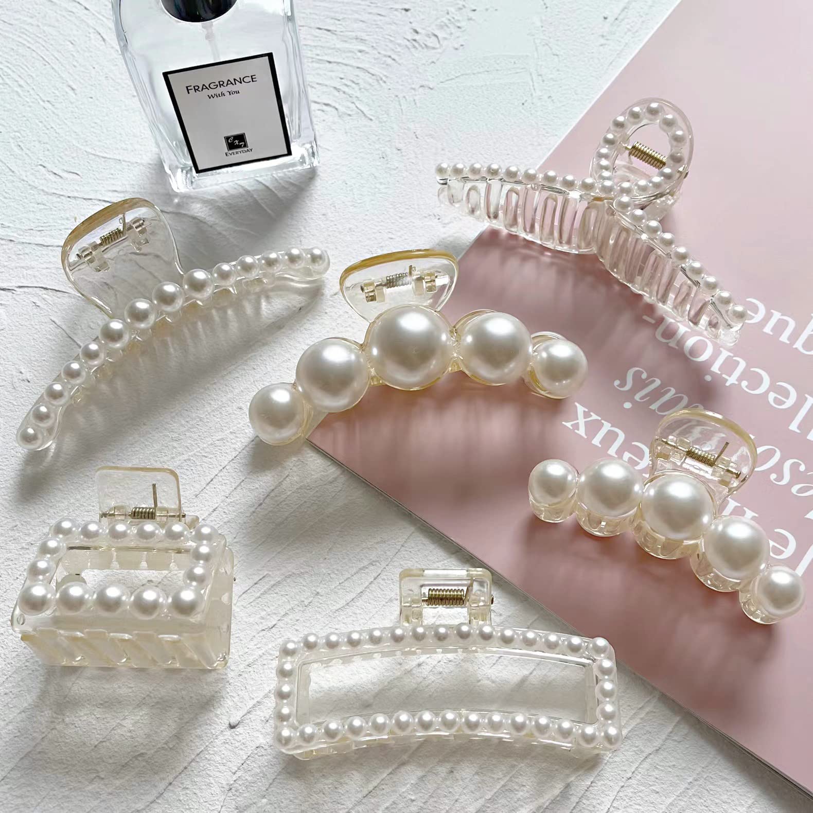 6 Pcs Large Pearl Claw Clips for Thick Hair - Non-Slip Jaw Clips for Wedding, Prom & Special Occasions - Elegant Hair Accessories for Women & Girls (White) - Perfect for Updos, Half-Up Styles & Everyday Wear