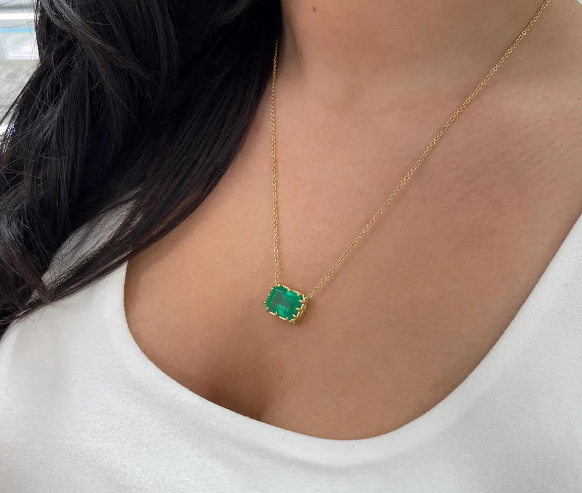 8.52ct Natural Emerald Cut Colombian Emerald Vintage Pendant Necklace - 18K Gold Plated Jewelry for Women, Gift for Mom, Anniversary, Birthday, Wedding