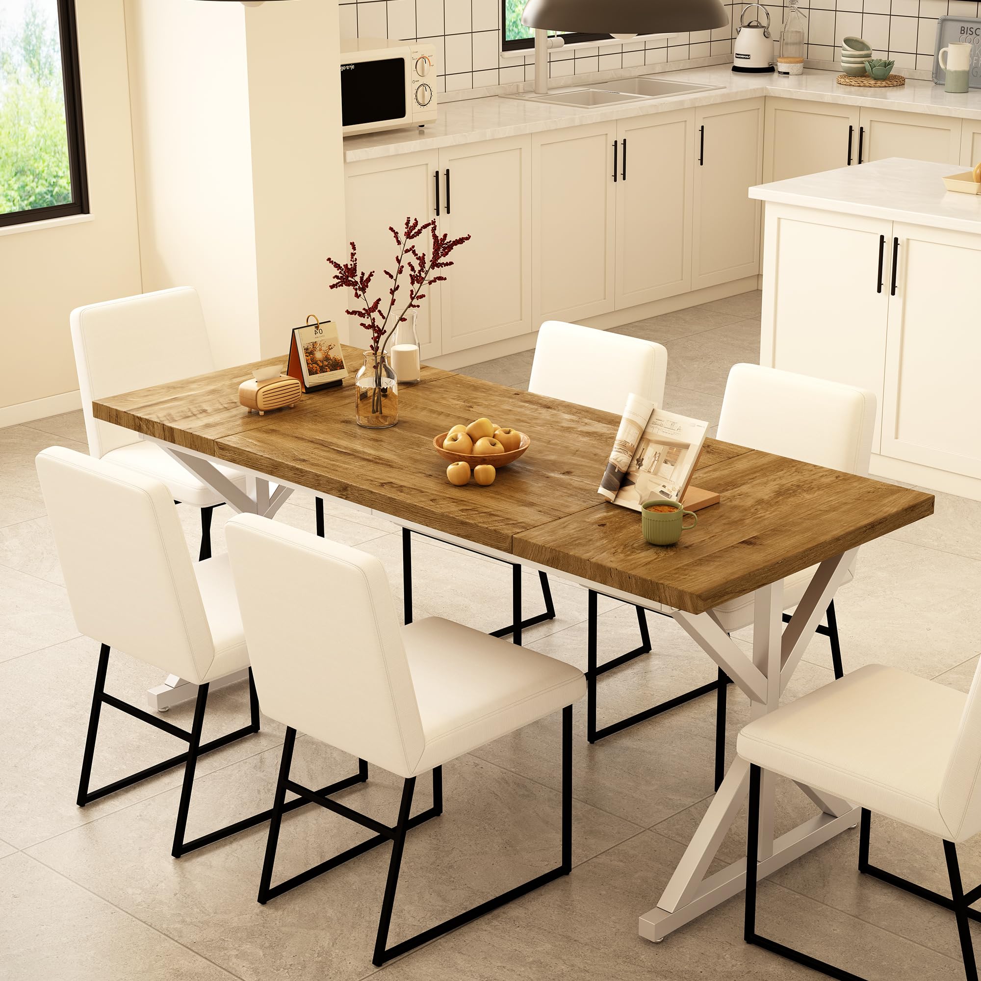 Rustic Oak/White Farmhouse Dining Table for 6 - 70.8 Inch Rectangular Solid Wood Kitchen Table with Heavy Duty Metal Legs | Perfect for Family Dinners, Entertaining Guests & Cozy Dining Room Decor