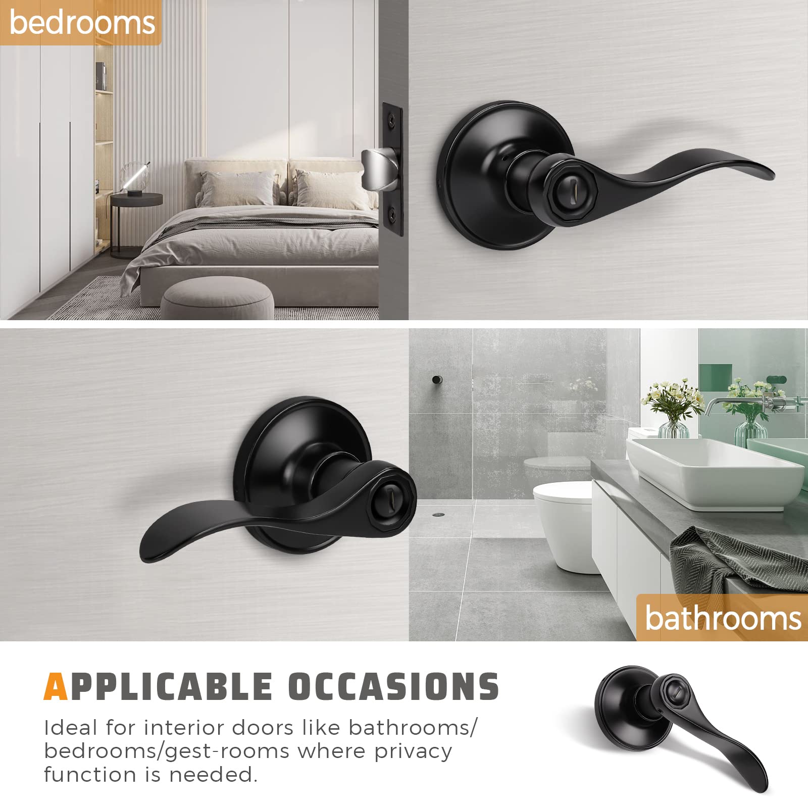 KNOBWELL 6 Pack Matte Black Privacy Door Knobs - Interior Door Handles with Lock for Bathroom & Bedroom, Reversible for Right/Left Handed Doors | Modern Home Security & Privacy Solution
