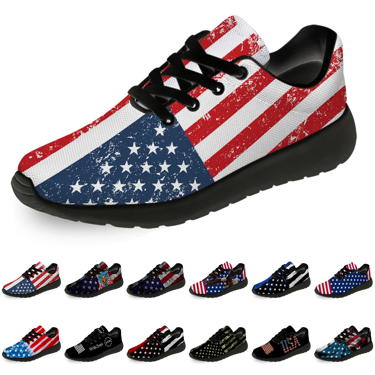 American Flag Running Shoes for Men & Women - USA Patriotic Tennis Sneakers for Walking, Jogging & Independence Day - Unisex Gifts for Him & Her (Size 11 Men/13 Women) Black & Navy Red - Perfect for 4th of July Celebrations, Outdoor Activities & Casual Wear