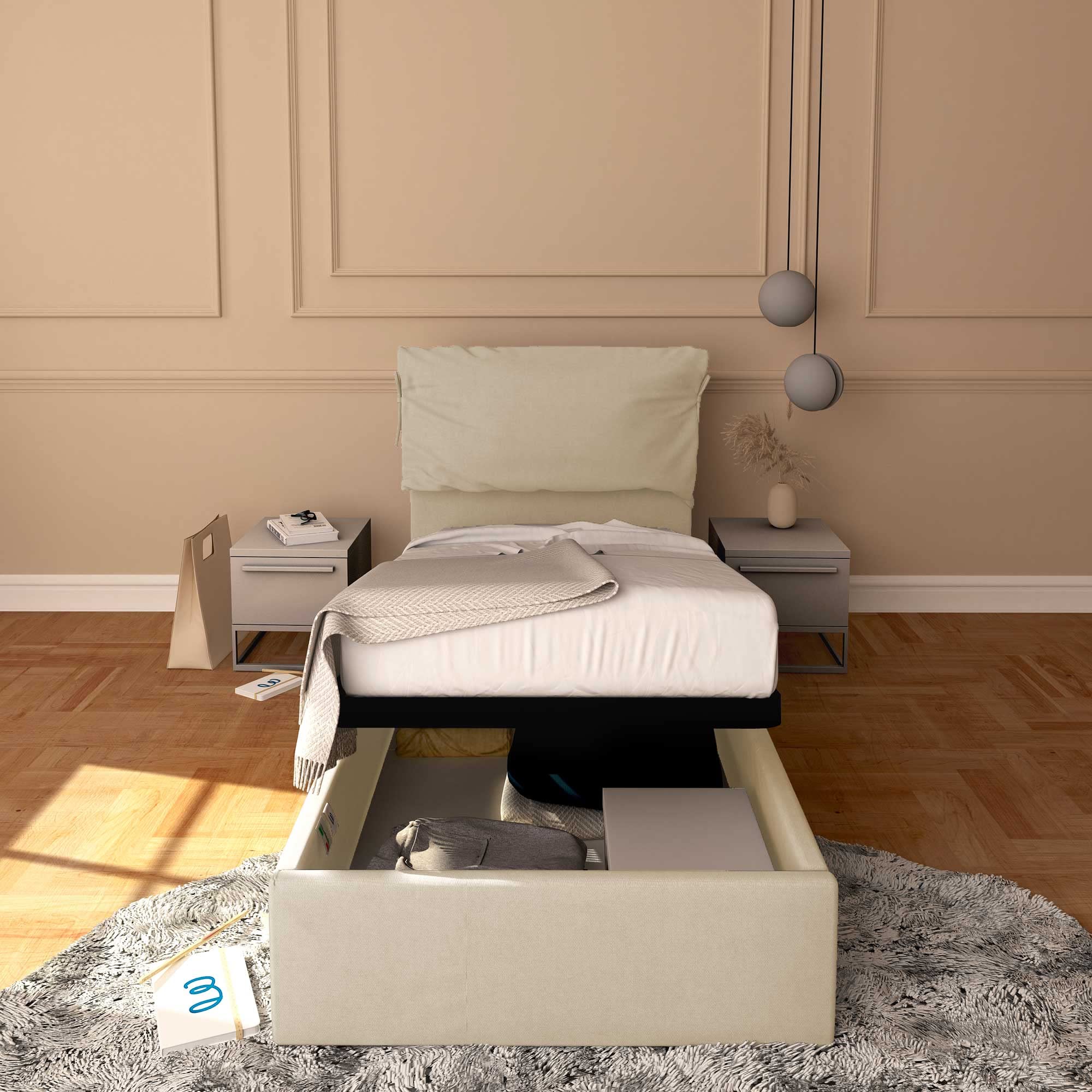 Baldiflex Single Bed with Storage - Licia Soft Synthetic Leather, Slatted Base for Single Mattresses, 90 x 190 cm, Thin Padded Headboard, Light Beige - Perfect for Small Bedrooms, Guest Rooms & Studio Apartments