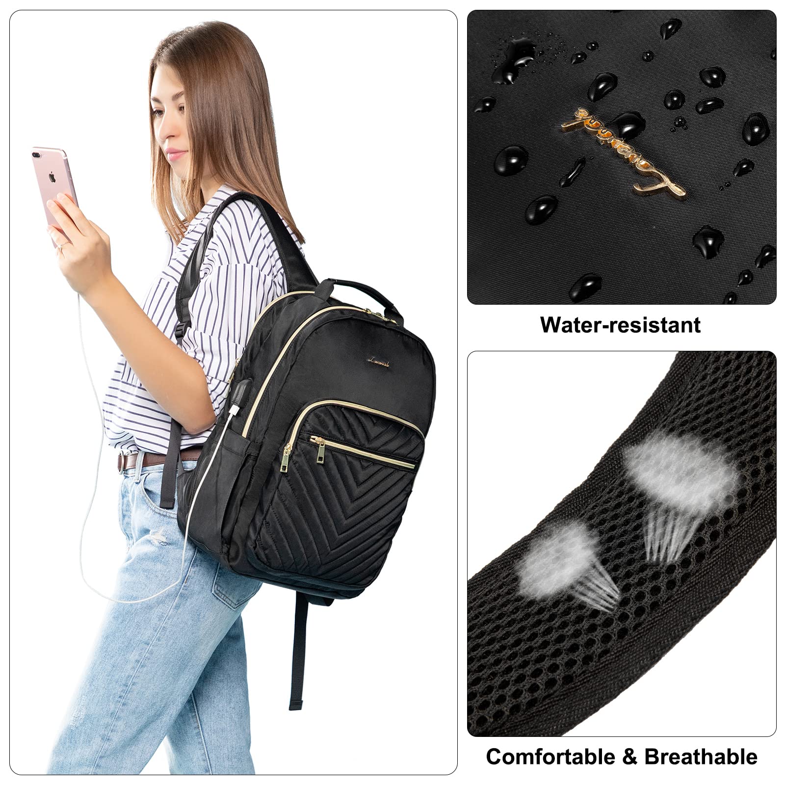 LOVEVOOK Women's 18.4 Inch Laptop Backpack - Stylish Waterproof Travel Purse & Professional Business Bag with USB Port, Perfect for College, Work, and Teacher Commutes | Black