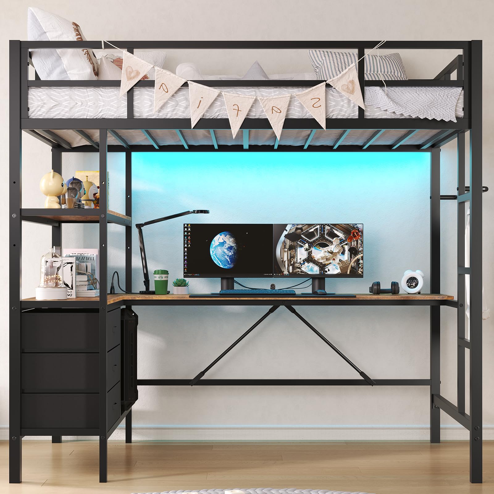 Twin Size Metal Loft Bed with L-Shaped Desk - Black LED Loft Bed Frame with Charging Station, 3 Storage Shelves & 3 Fabric Drawers | Includes Safety Guard & Ladder | No Box Spring Needed | Perfect for Small Bedrooms, Dorm Rooms & Kids' Spaces