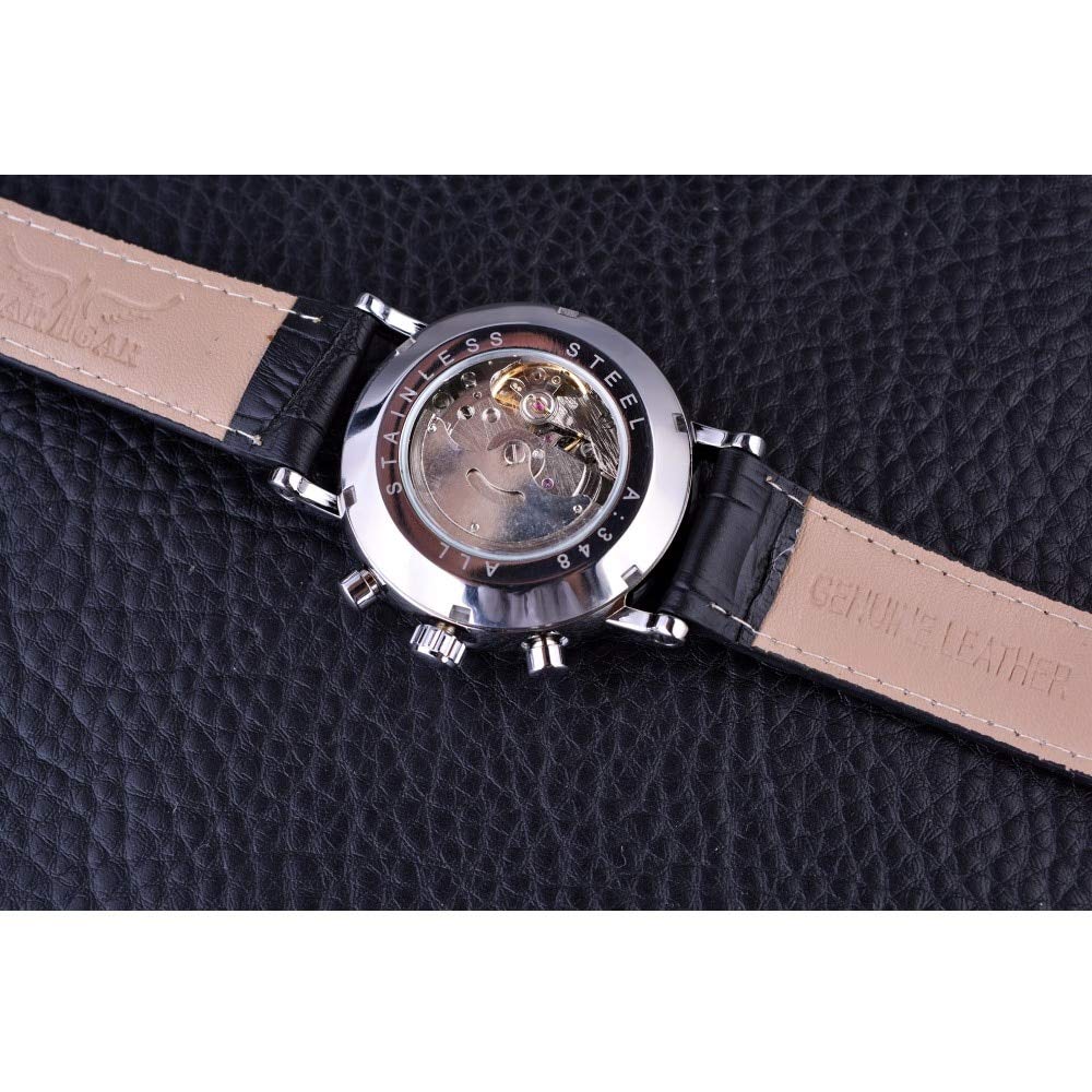 Luxury Blue Hands White Dial Leather Strap Men's Automatic Mechanical Watch with 3 Subdials & Diamond Accents - Perfect for Business, Formal Events & Gift Giving