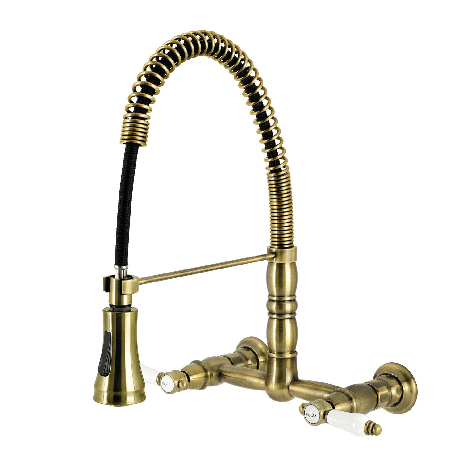 Bel Air GS1243BPL Double Handle 2 Hole Wall Mount Pre Rinse Bridge Kitchen Faucet in Antique Brass - Perfect for Commercial Kitchens, Restaurants, and Home Renovations