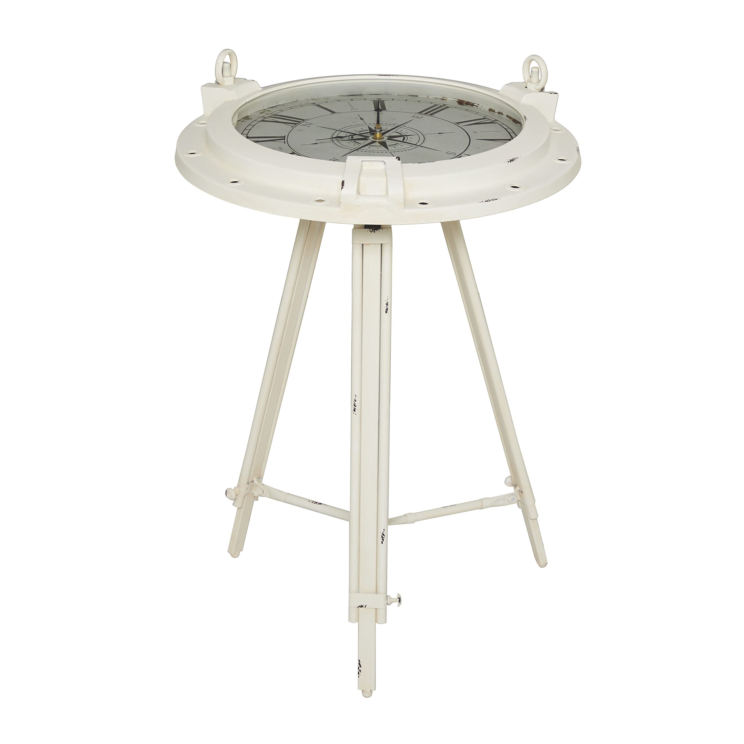 Deco 79 Modern White Metal Compass Side Table with Clock & Clear Glass Top - 19