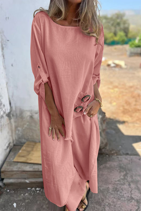 Jamilah Linen Blend Ring Detail Midi Blouse & Elastic Waist Pocketed Loose Pants Set | Women's Casual Outfit for Summer, Office Wear & Vacation Travel