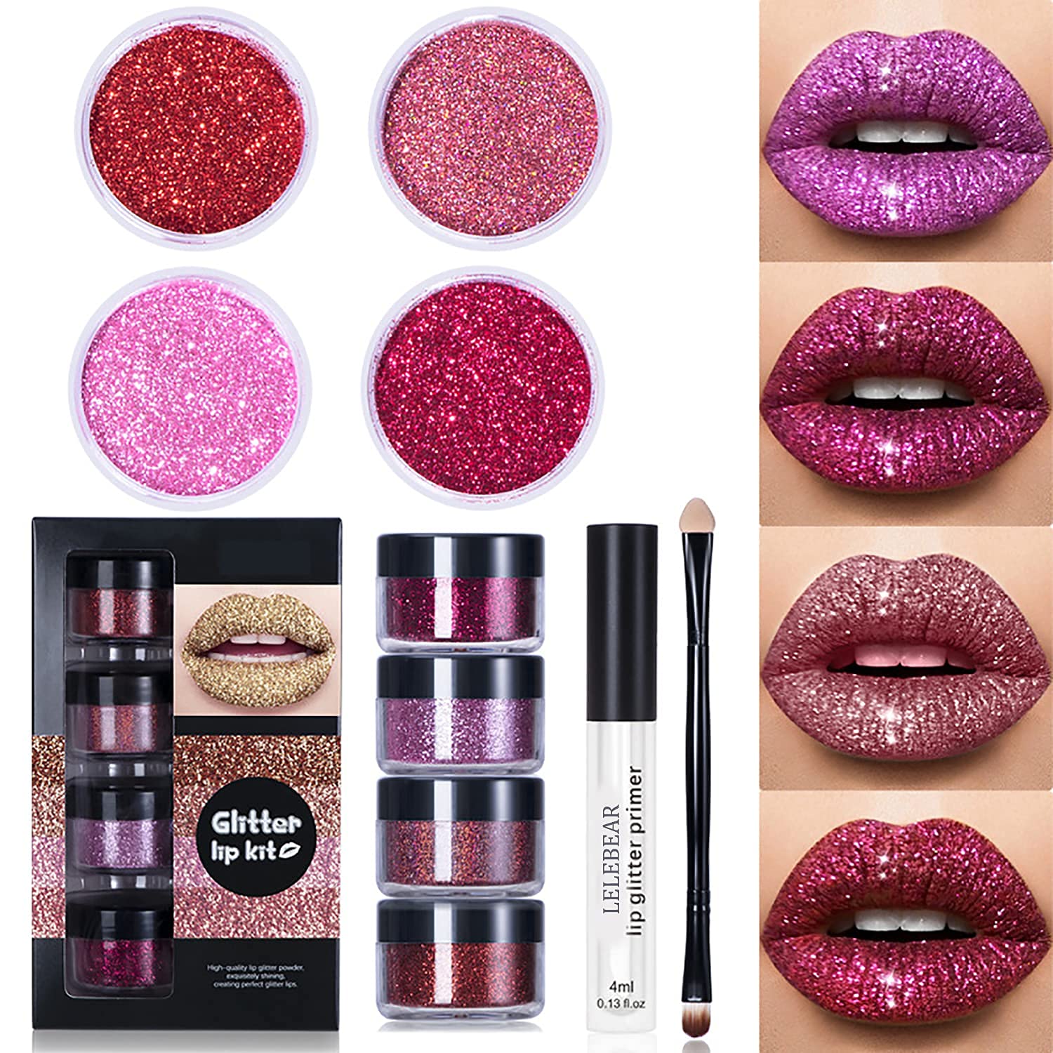 LELEBEAR 4 Colors Glitter Lip Gloss Set - Diamond Glitter Metallic Lipstick, Waterproof & Stain Resistant Lip Balm with Brush (Warm Colors, Medium) - Perfect for Parties, Date Nights & Special Occasions