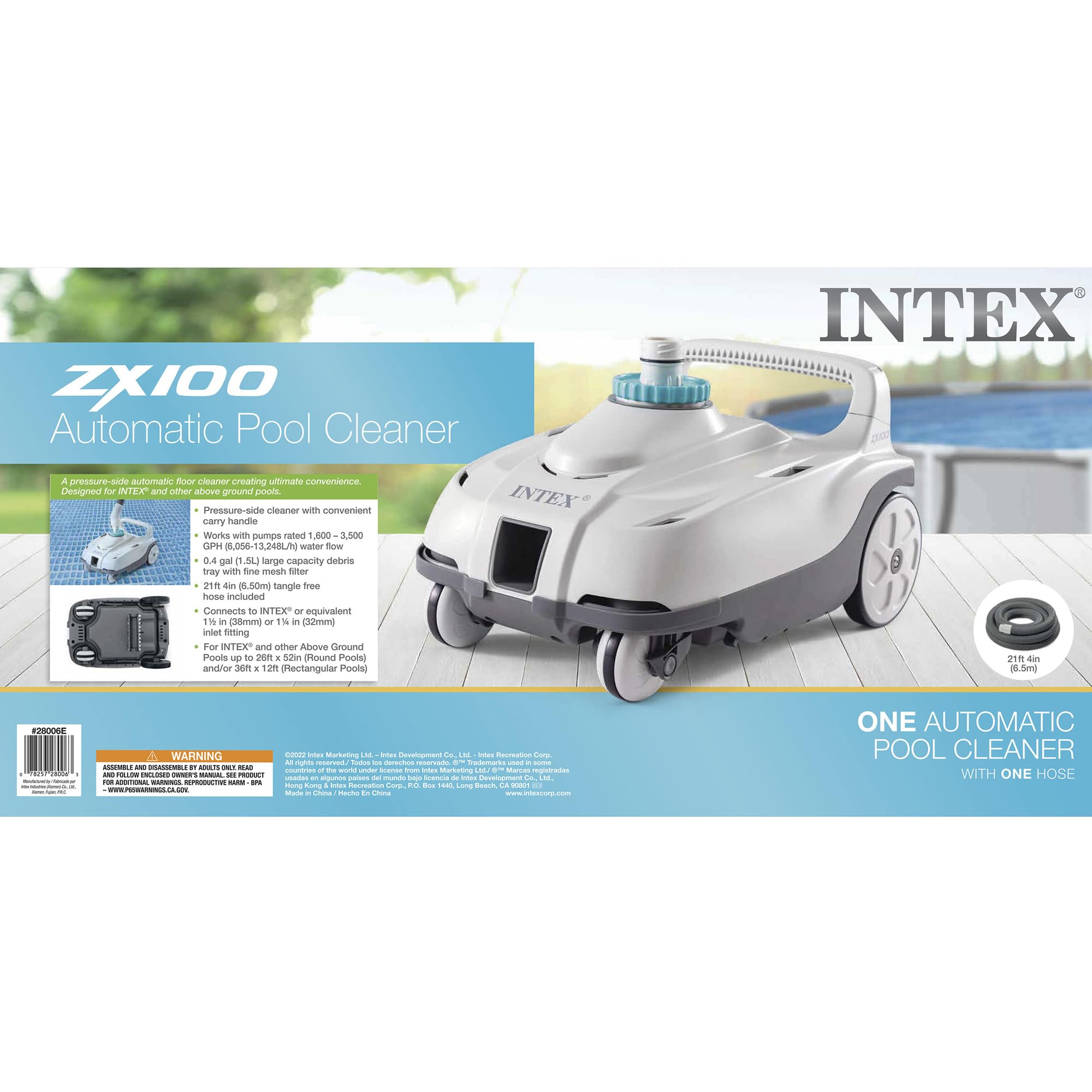 Intex ZX100 Automatic Pressure Side Pool Cleaner with Hose & Converter - Compatible with Krystal Clear Saltwater System for 7000 Gallon Above Ground Swimming Pools - Ideal for Backyard Pool Maintenance & Water Cleaning