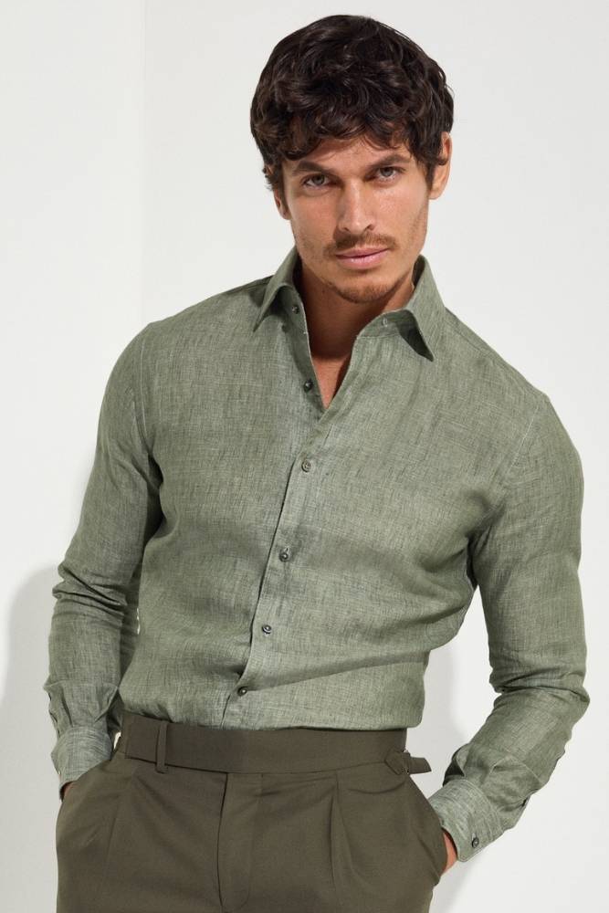 Men's Army Green Linen Shirt - Comfortable & Breathable Cooper Casual Shirt for Outdoor Activities, Travel & Summer Wear