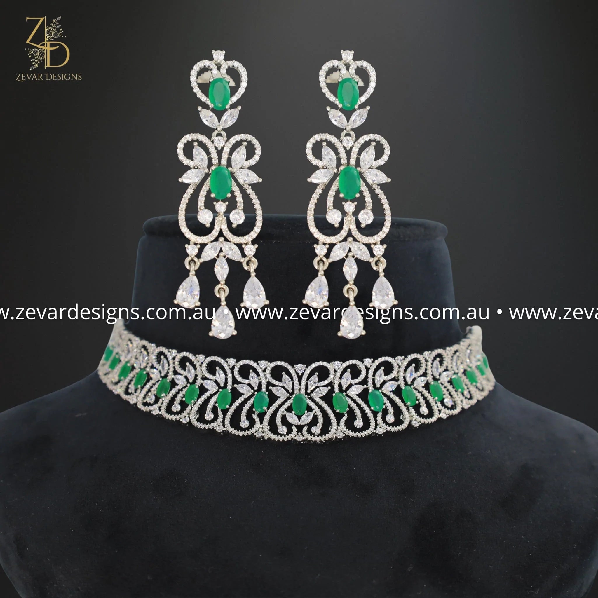 Zircon Choker Necklace Set - White Rhodium Plated with Green Gemstones | Elegant Jewelry for Women, Perfect for Parties, Weddings & Special Occasions