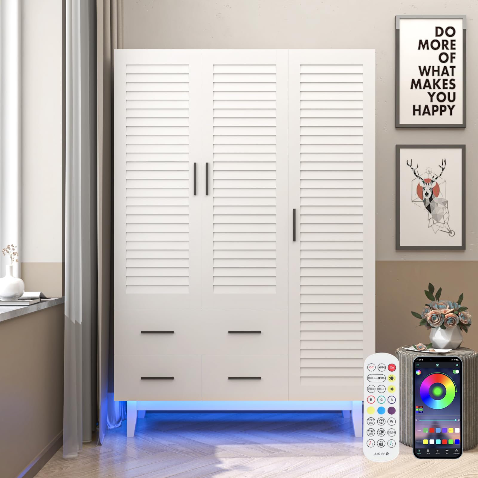 3 Door Armoire Wardrobe Closet with LED Lights, Drawers & Hanging Rod - Large Capacity Storage Cabinet with Multi-Tier Shelves & Louver Doors for Bedroom Organization (White) - Perfect for Clothes, Shoes & Accessories Storage in Master Bedroom, Guest Room or Dorm