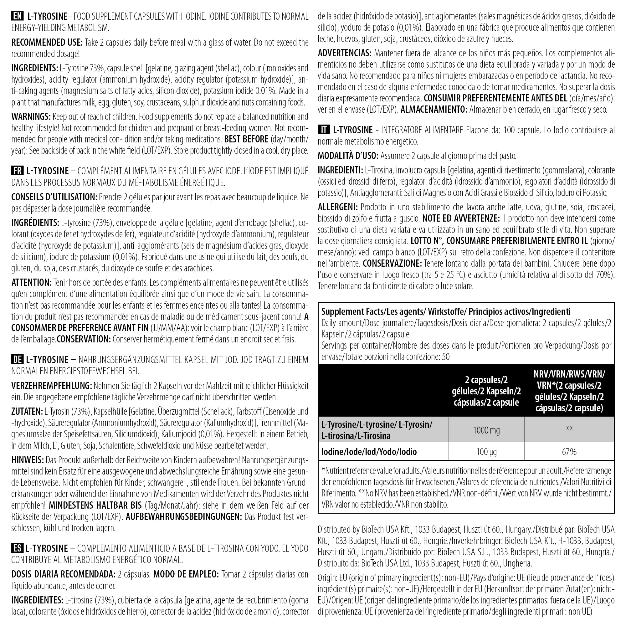 BioTechUSA L-Tyrosine 100 Capsules - Premium Amino Acid Supplement for Focus, Energy & Stress Relief - Ideal for Workouts, Study & Mental Clarity