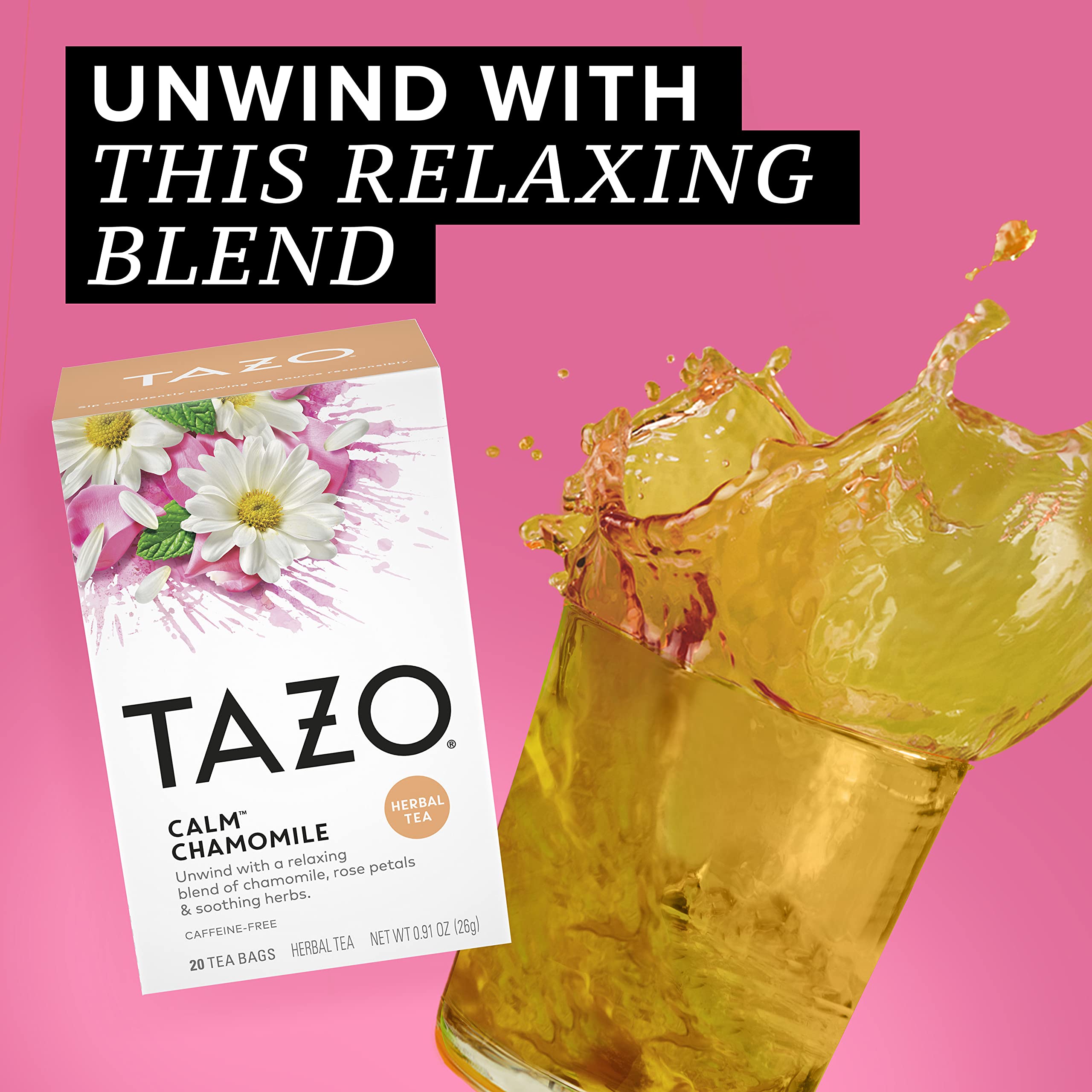 TAZO Calm Chamomile Herbal Tea Bags - Caffeine-Free, Relaxing & Soothing, 20 Count (Pack of 6) - Perfect for Stress Relief, Bedtime & Evening Relaxation