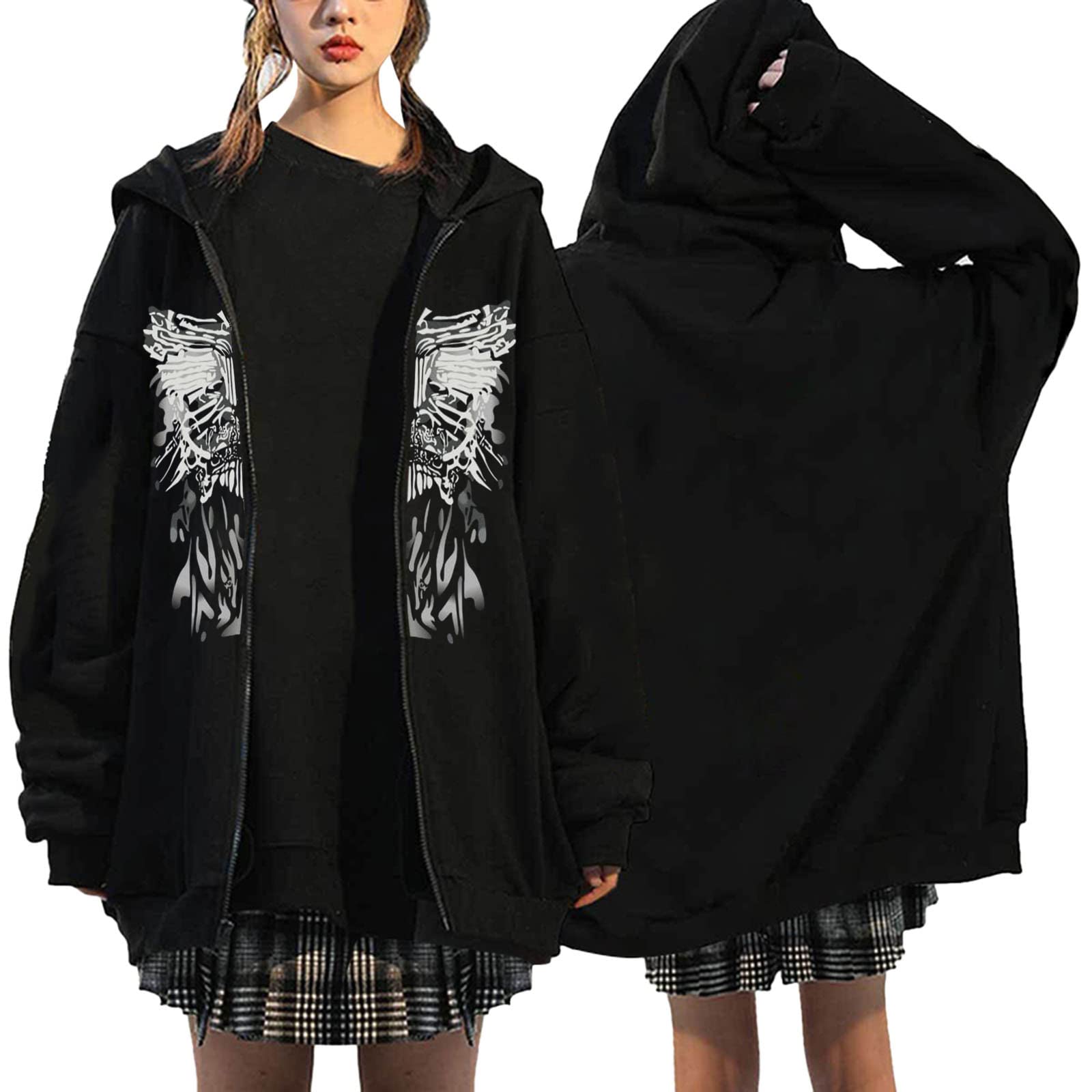 Gothic Women's Long Sleeve Hoodie with Zip & Lace Up Detail - Oversized Fleece Sweatshirt for Casual Wear, Street Style & Winter Fashion