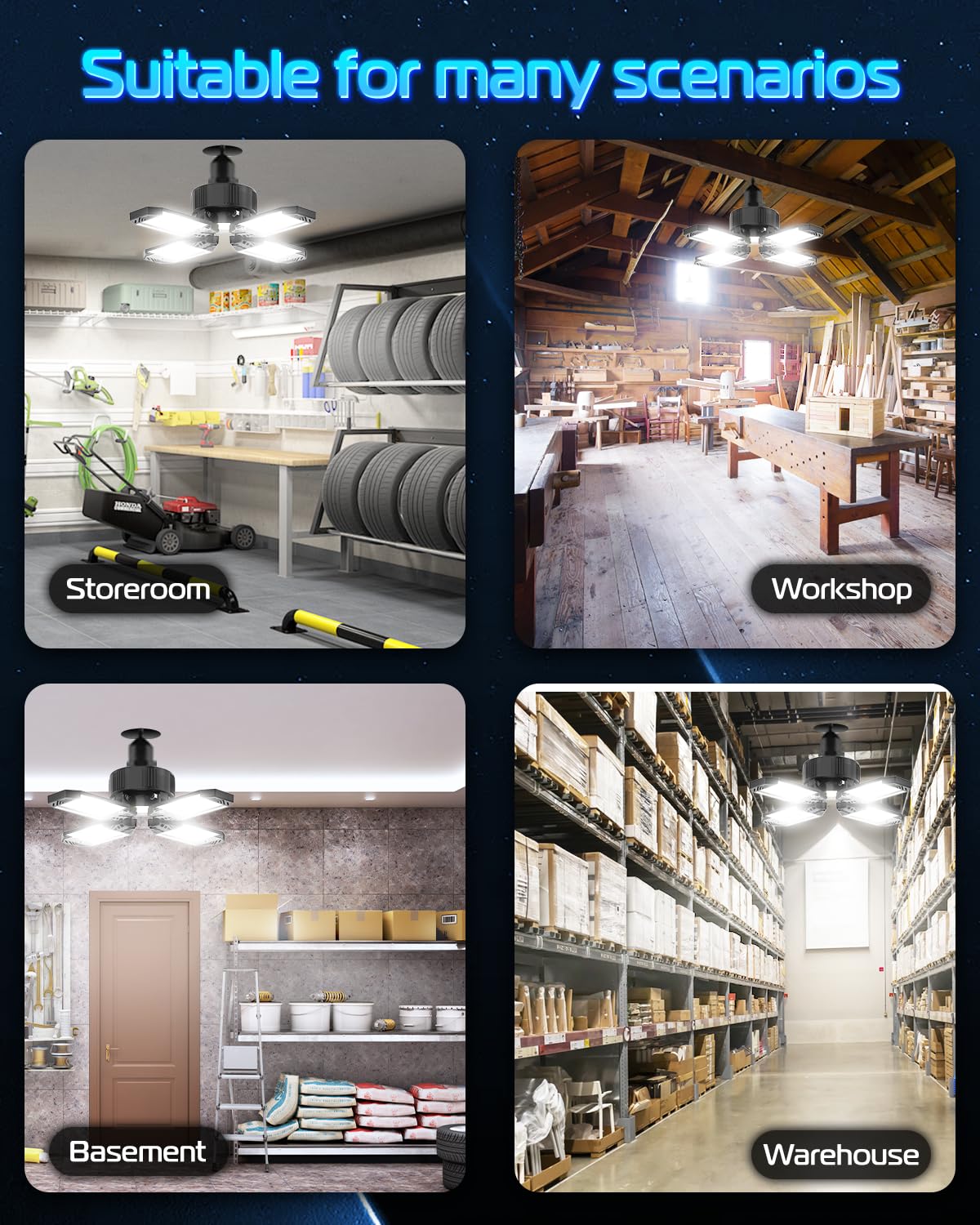 2-Pack 130W 13000LM Adjustable LED Garage Lights with Transformer, E26/E27 Base, 6500K Daylight White - Shop Lighting for Factory, Warehouse, Storage Room & Home Garage - Perfect for Workspaces, Basements and Auto Repair Shops