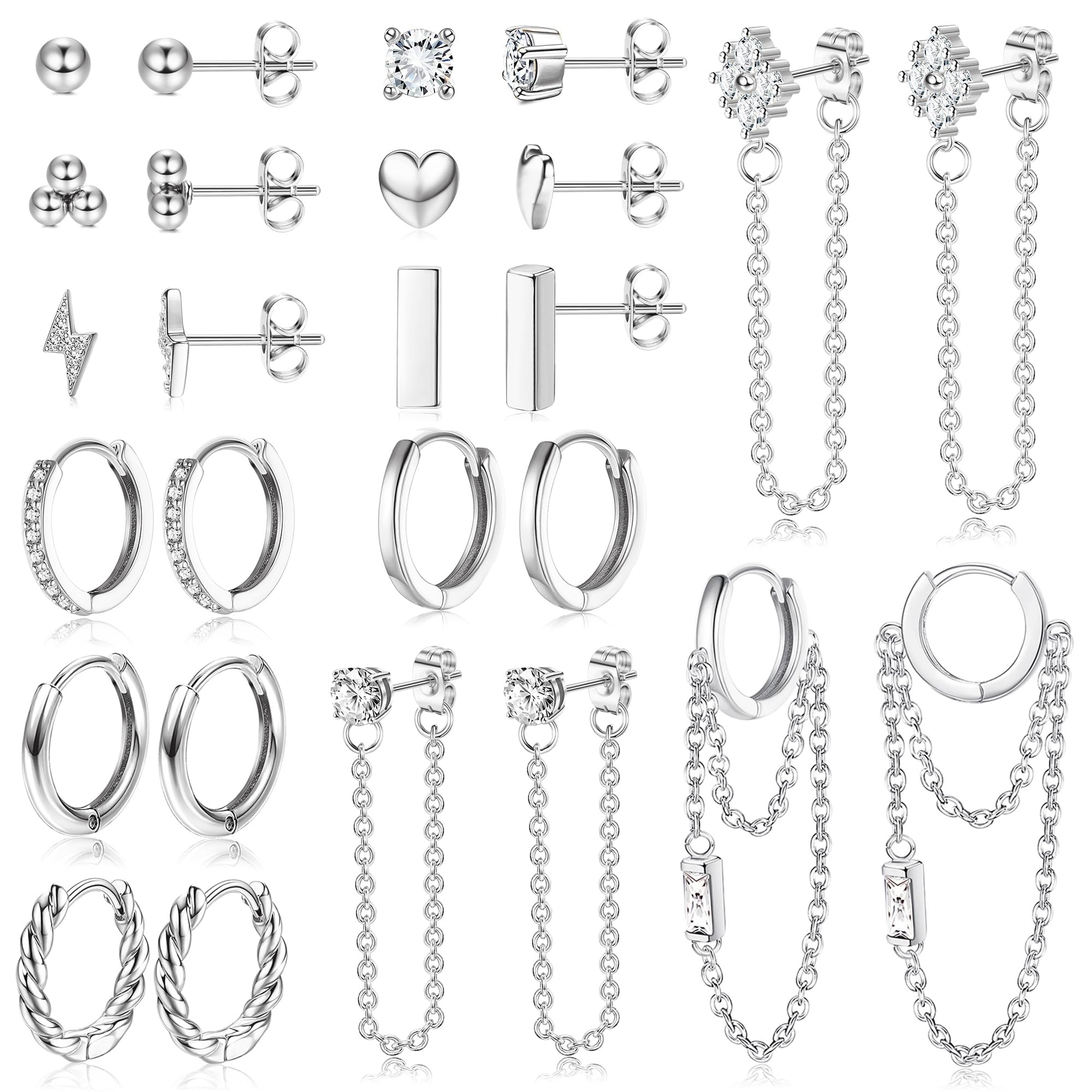 JeweBella 13 Pairs Small Hypoallergenic Earrings Set for Women - Surgical Steel Hoop, Dangle, Stud & Cartilage Earrings with Heart Zirconia in Silver/Gold | Perfect for Daily Wear, Gifts & Special Occasions