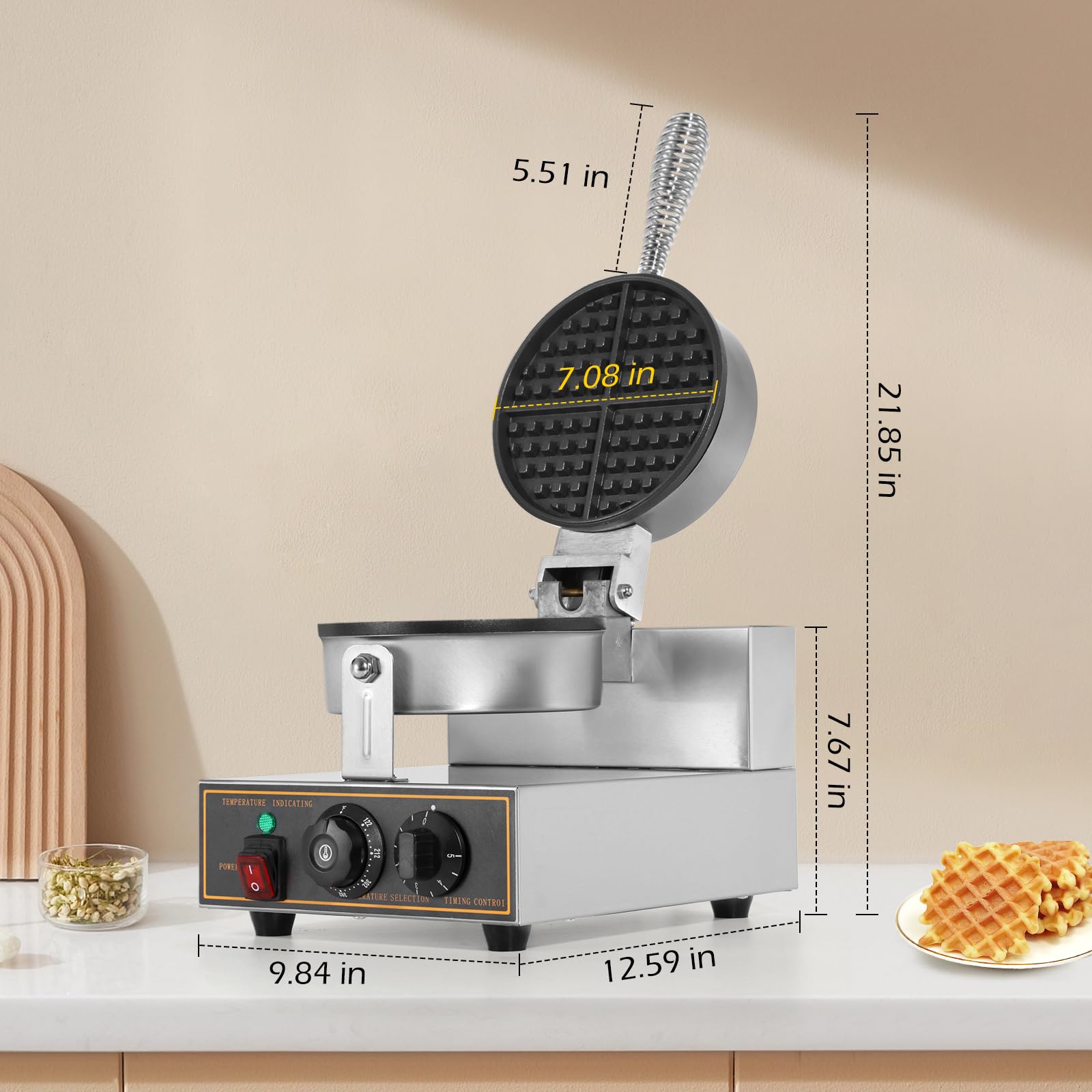 Dyna-Living Commercial Waffle Maker Machine 1200W - Round Stainless Steel Non-Stick Waffle Iron for Restaurants, Cafes & Breakfast Shops - Perfect for Belgian Waffles, Pancakes & Quick Breakfast Service (110V)