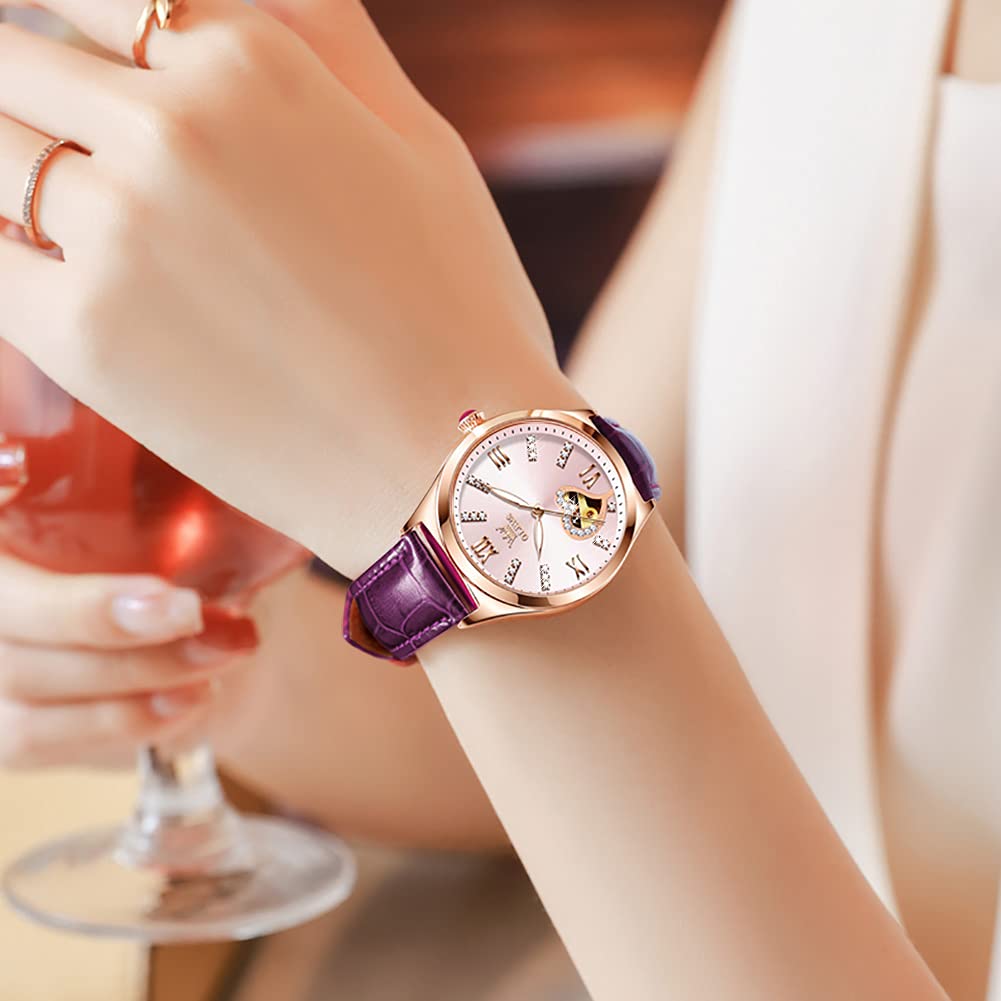 OLEVS Automatic Women's Watches - Luxury Diamond Dial Ladies Watch with Genuine Leather Strap, Self-Winding Mechanical Movement, 50M Waterproof - Perfect for Business, Party & Everyday Wear