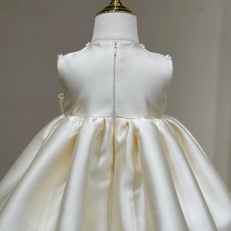 Elegant White Bow Princess Toddler First Communion Dress for Baby Girls - Sleeveless Round Neck Baptism Gown, Perfect for Church Ceremonies & Special Occasions